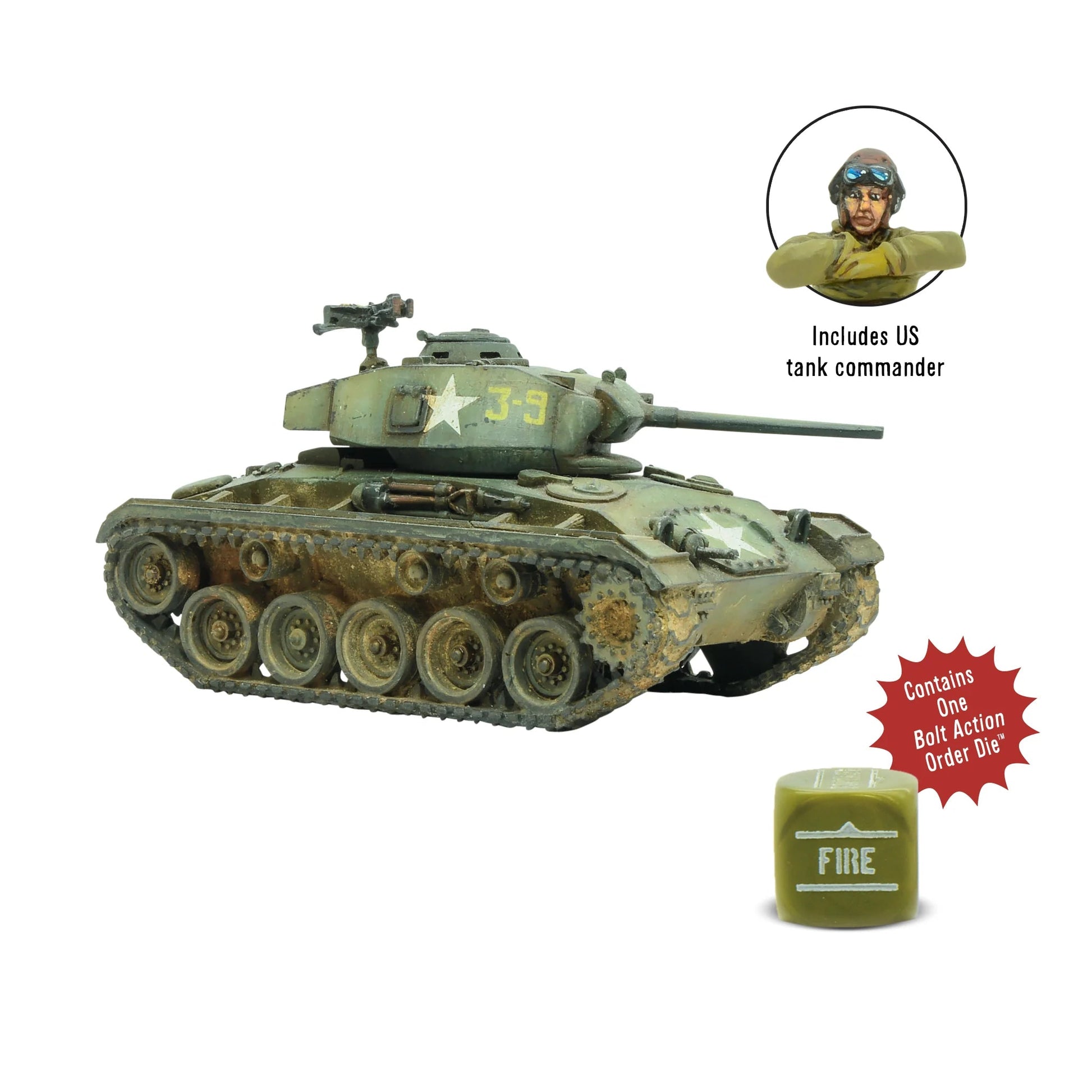 M24 Chaffee czołg lekki 1/56 - pomalowany model z działem 75mm, dowódca czołgu, gwiazda USA J-9, weathering, kość Fire
