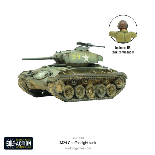 M24 Chaffee USA light tank - widok z prawej strony z numerem J-9, dowódca w wieży, detale gąsienic i kół, skala 28mm
