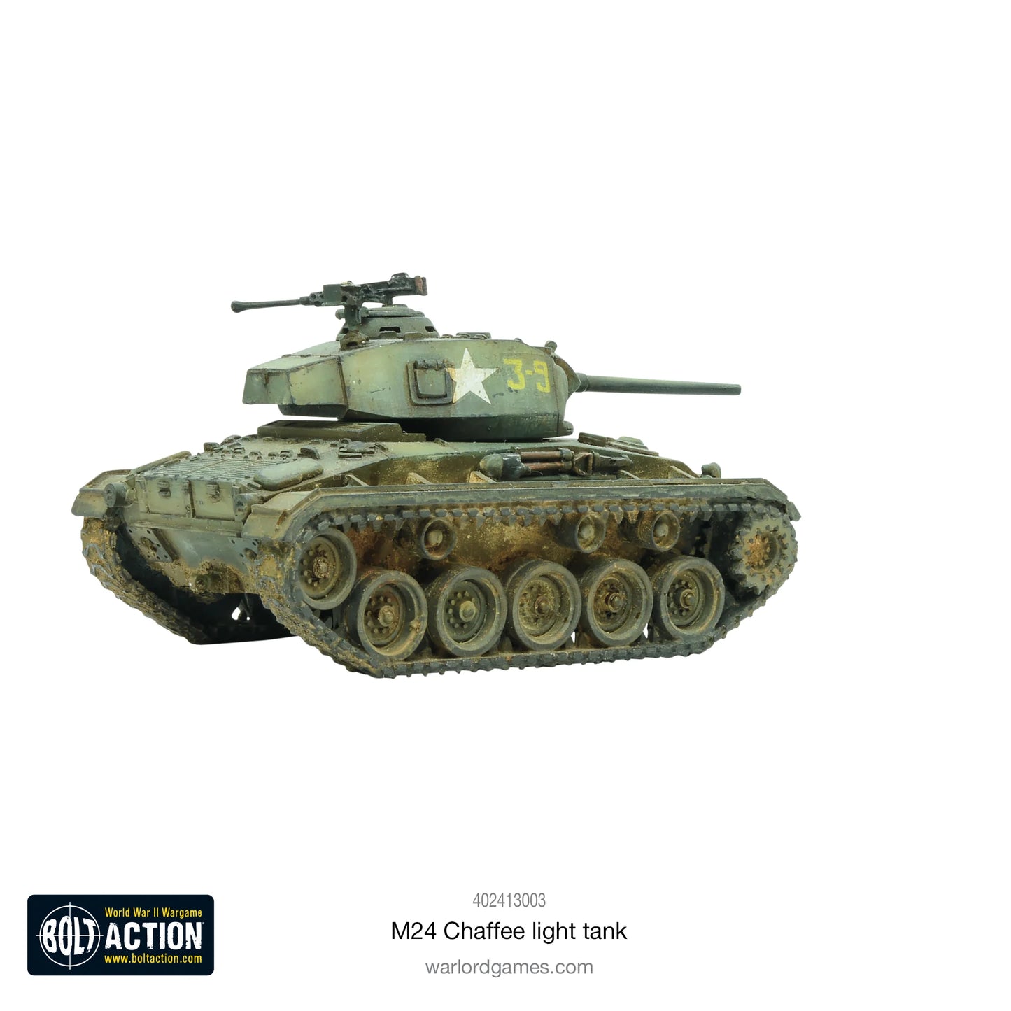 M24 Chaffee czołg lekki USA - widok z przodu z działem 75mm, karabin maszynowy .50 cal, gwiazda USA J-9, weathering