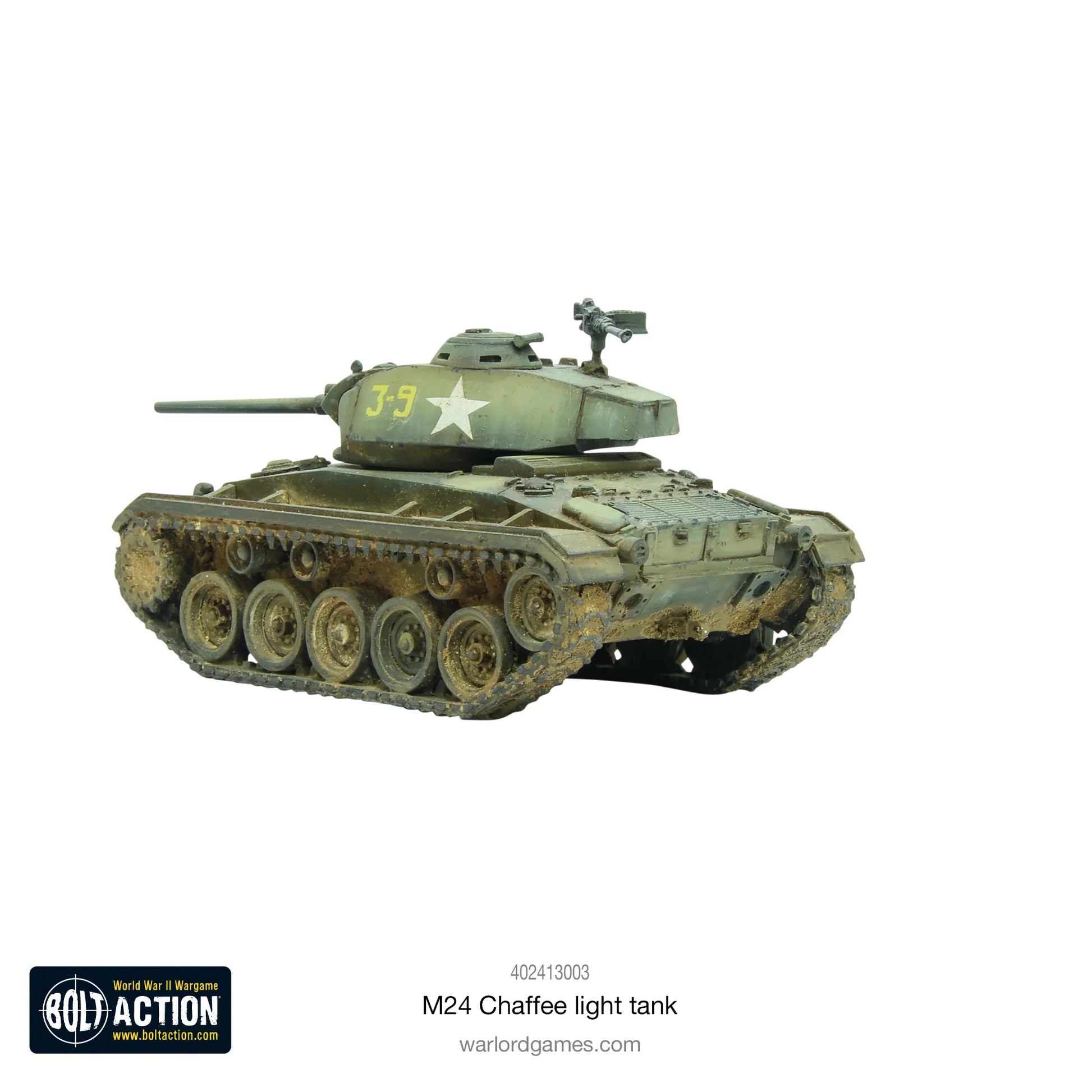 M24 Chaffee light tank 1/56 - widok z tyłu z numerem J-9, detale silnika i gąsienic, weathering błoto, żywica i metal
