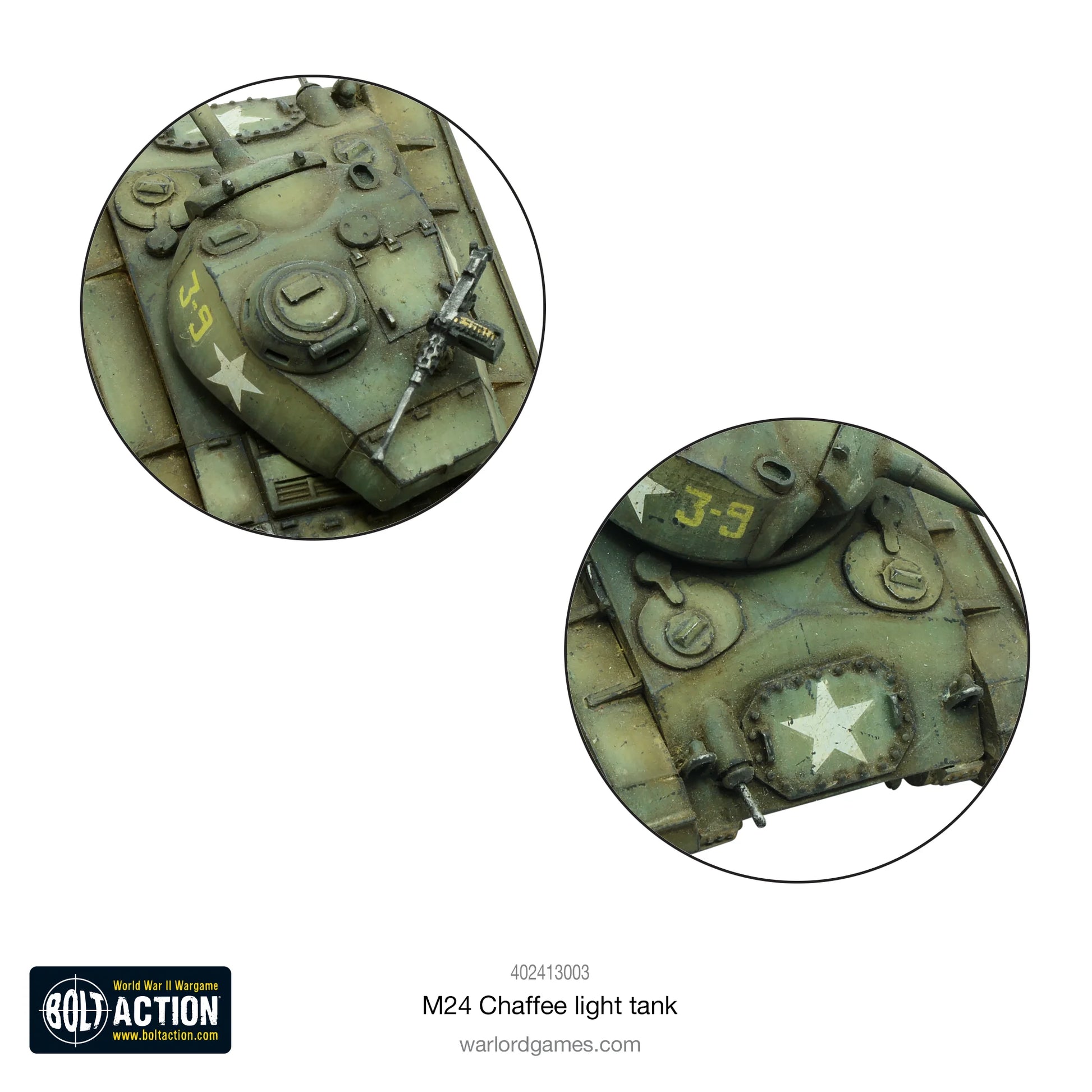 M24 Chaffee detale wieży - zbliżenie na wieżę z numerem J-9, gwiazdą USA, luki, anteny i wyposażenie, Bolt Action 28mm
