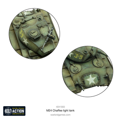 M24 Chaffee detale wieży - zbliżenie na wieżę z numerem J-9, gwiazdą USA, luki, anteny i wyposażenie, Bolt Action 28mm
