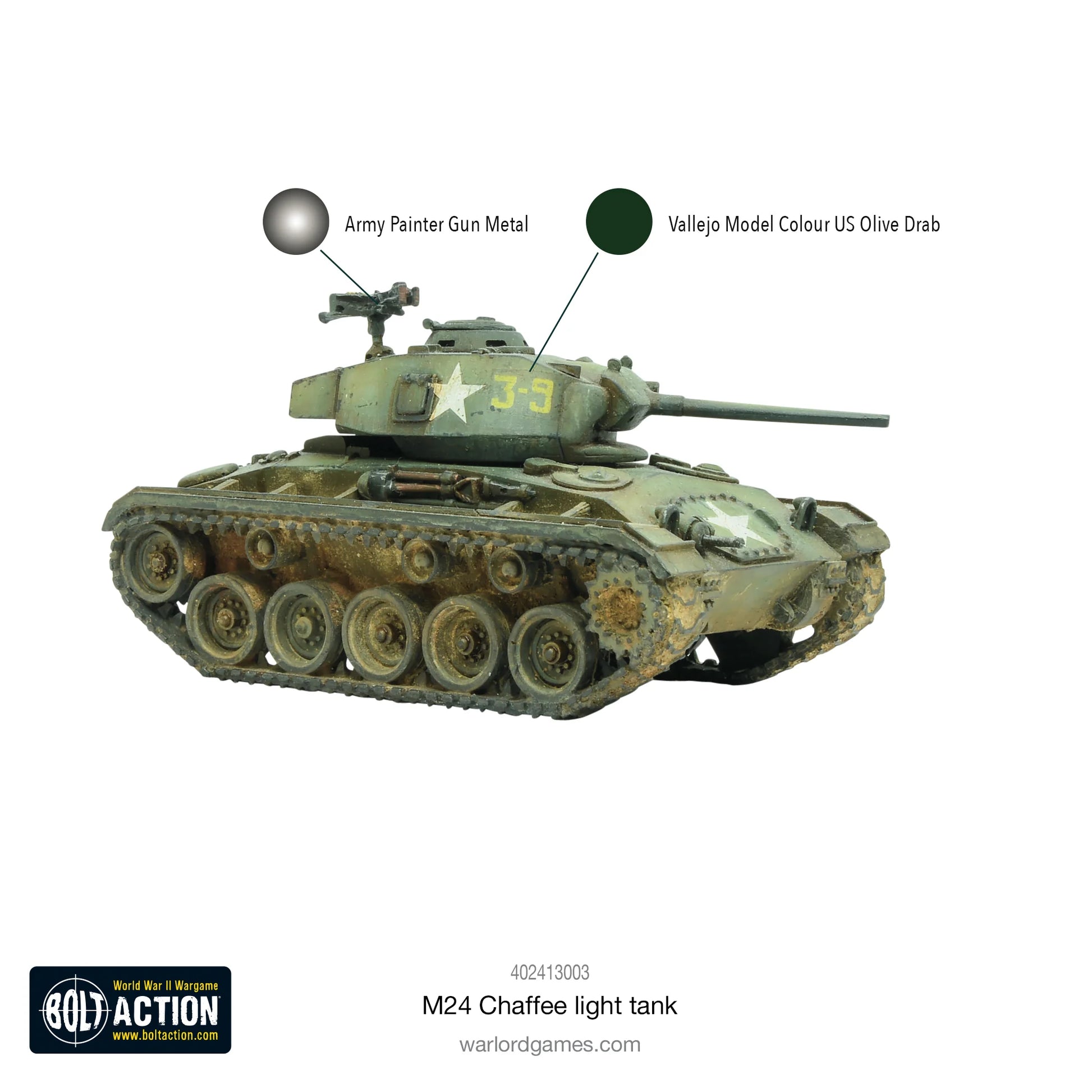 M24 Chaffee schemat malowania - Army Painter Gun Metal i Vallejo US Olive Drab, pomalowany model z numerem J-9, weathering
