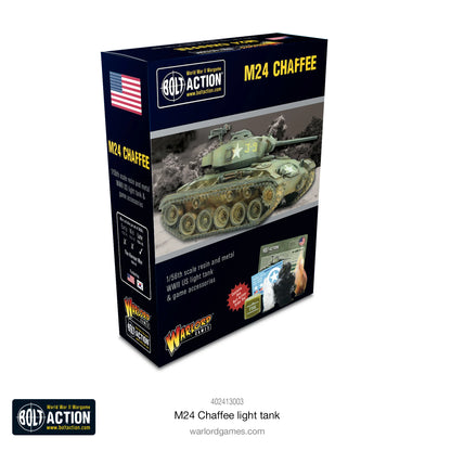 M24 Chaffee Light Tank Bolt Action - opakowanie Warlord Games z czołgiem lekkim USA 1/56, żywica i metal, kości zamówień
