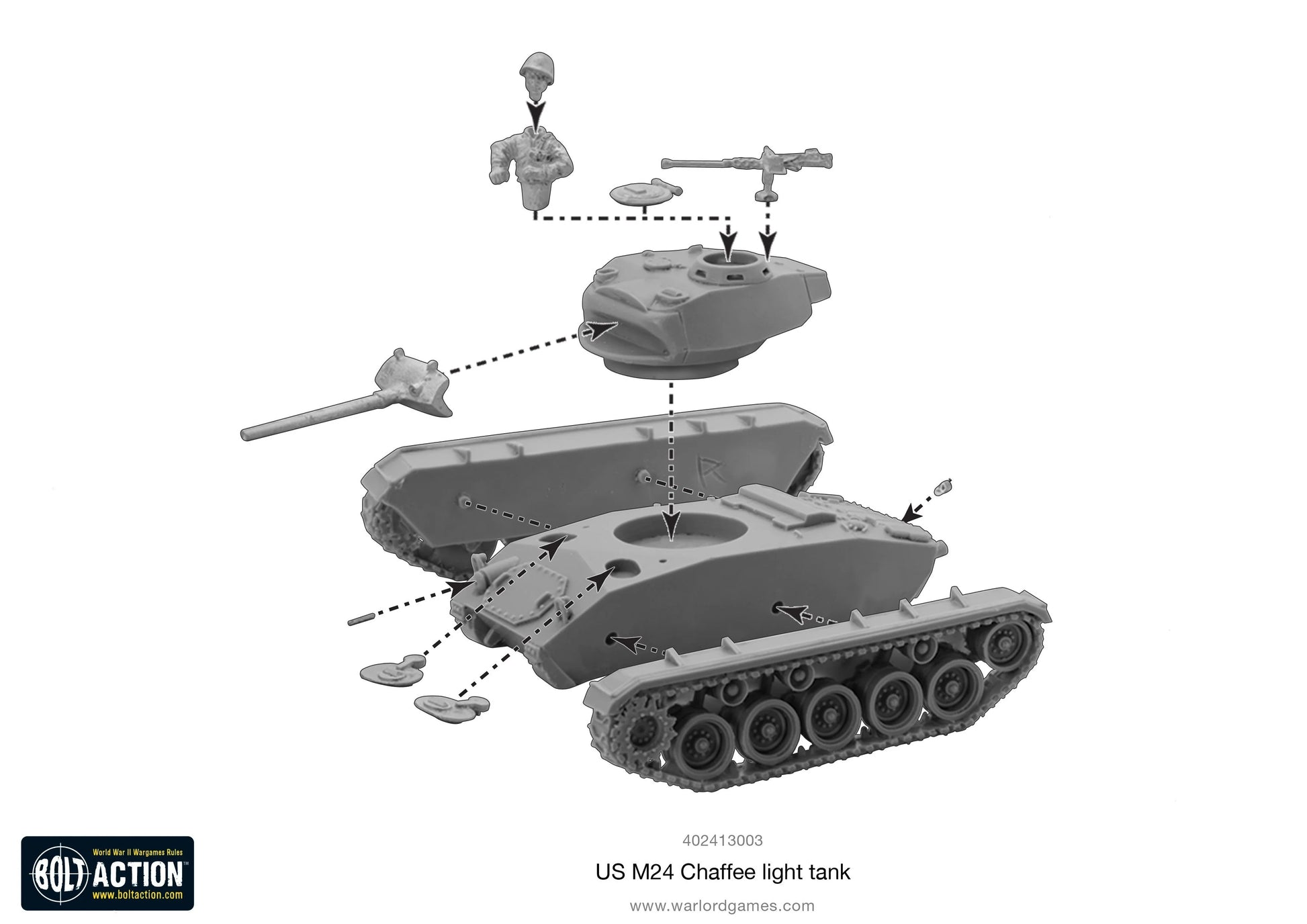 M24 Chaffee instrukcja montażu - schemat składania modelu z żywicy i metalu, części czołgu, dowódca, wieża, działo 75mm
