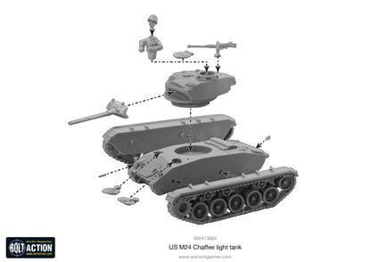 M24 Chaffee instrukcja montażu - schemat składania modelu z żywicy i metalu, części czołgu, dowódca, wieża, działo 75mm
