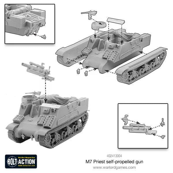 M7 Priest instrukcja montażu - schemat składania modelu z żywicy i metalu, części SPG, haubica 105mm, karabin .50 cal

