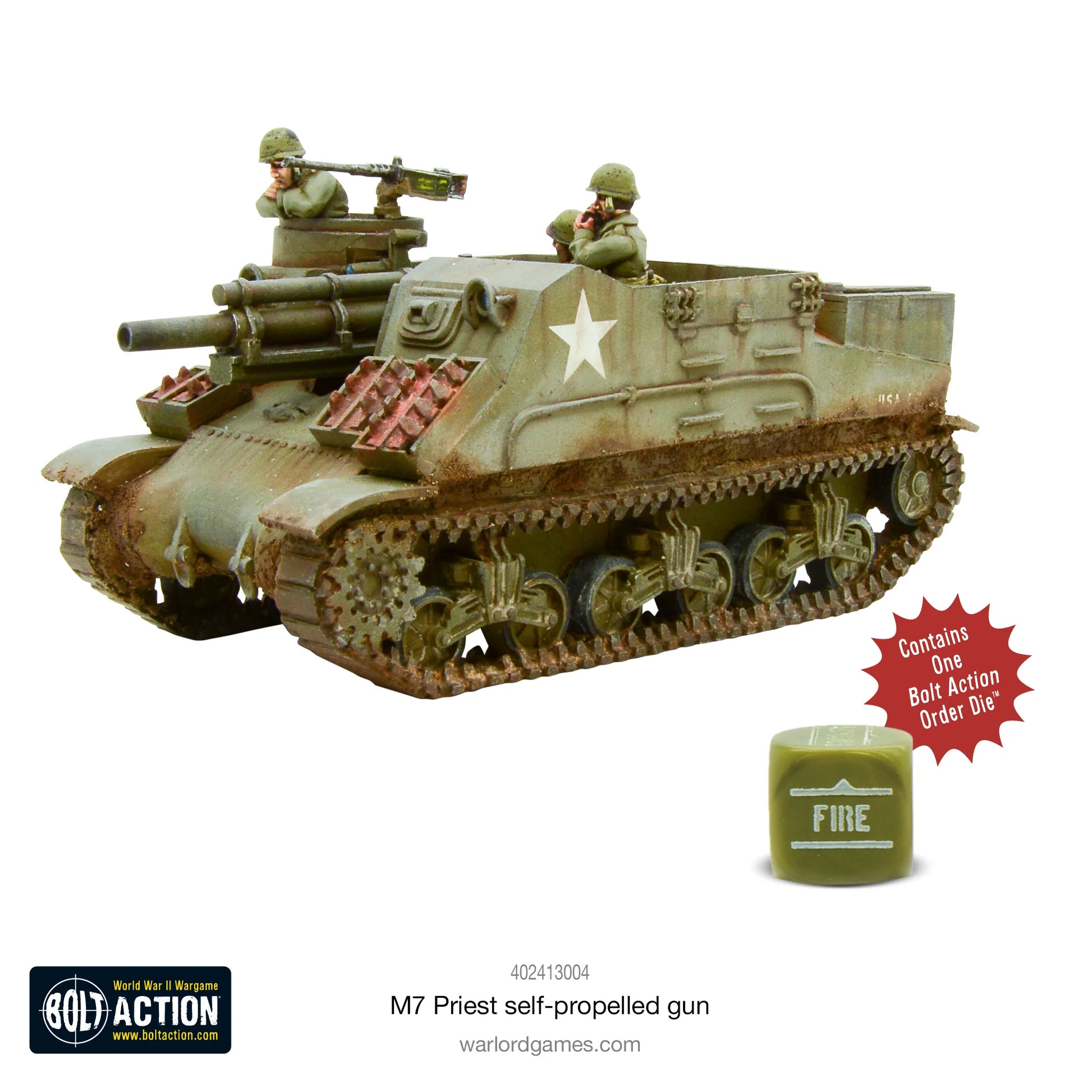 M7 Priest samobieżna haubica 1/56 - pomalowany model z haubicą 105mm, karabin .50 cal, załoga, gwiazda USA, kość Fire
