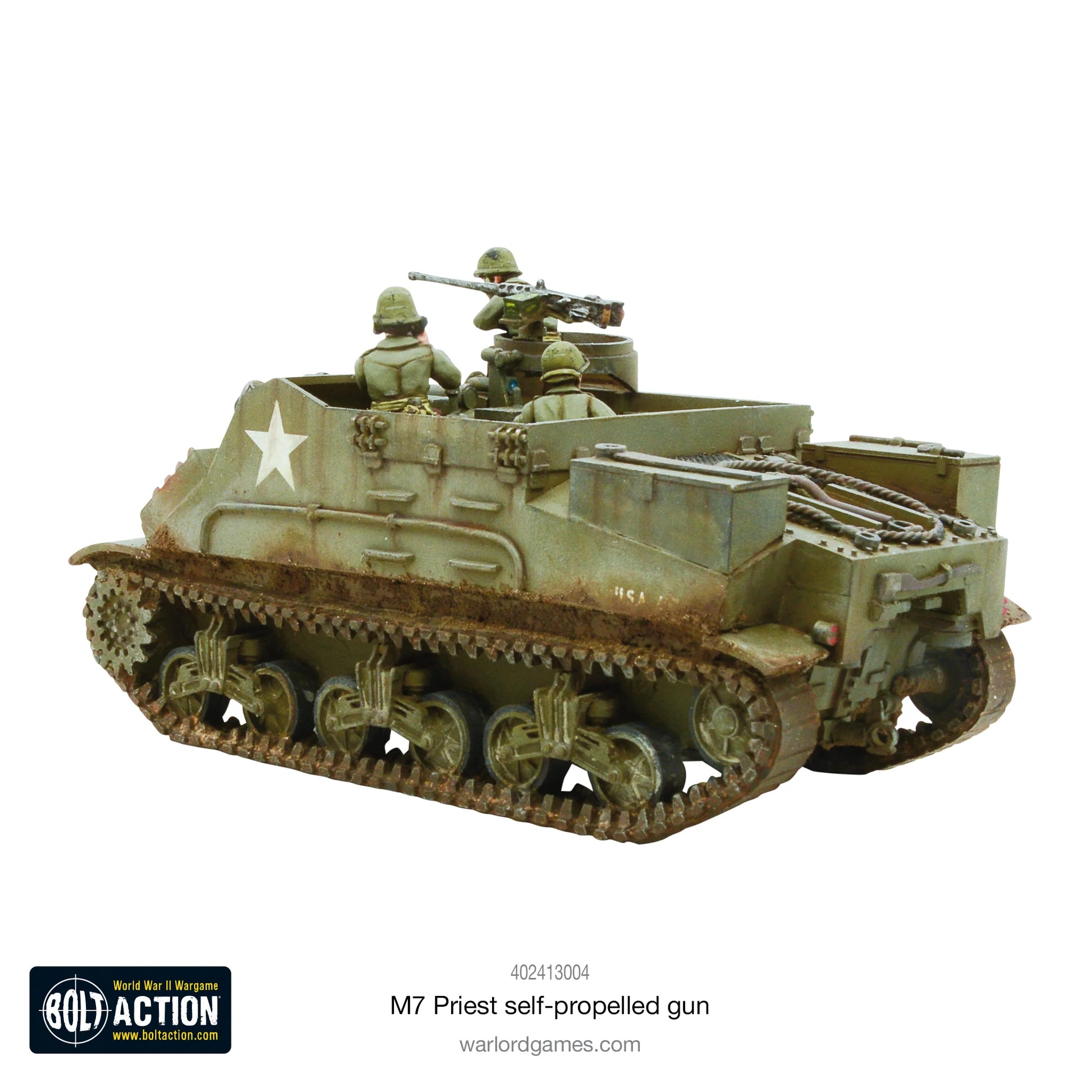 M7 Priest samobieżna haubica - widok z tyłu z załogą przy karabinie .50 cal, otwarta nadbudowa, gwiazda USA, weathering
