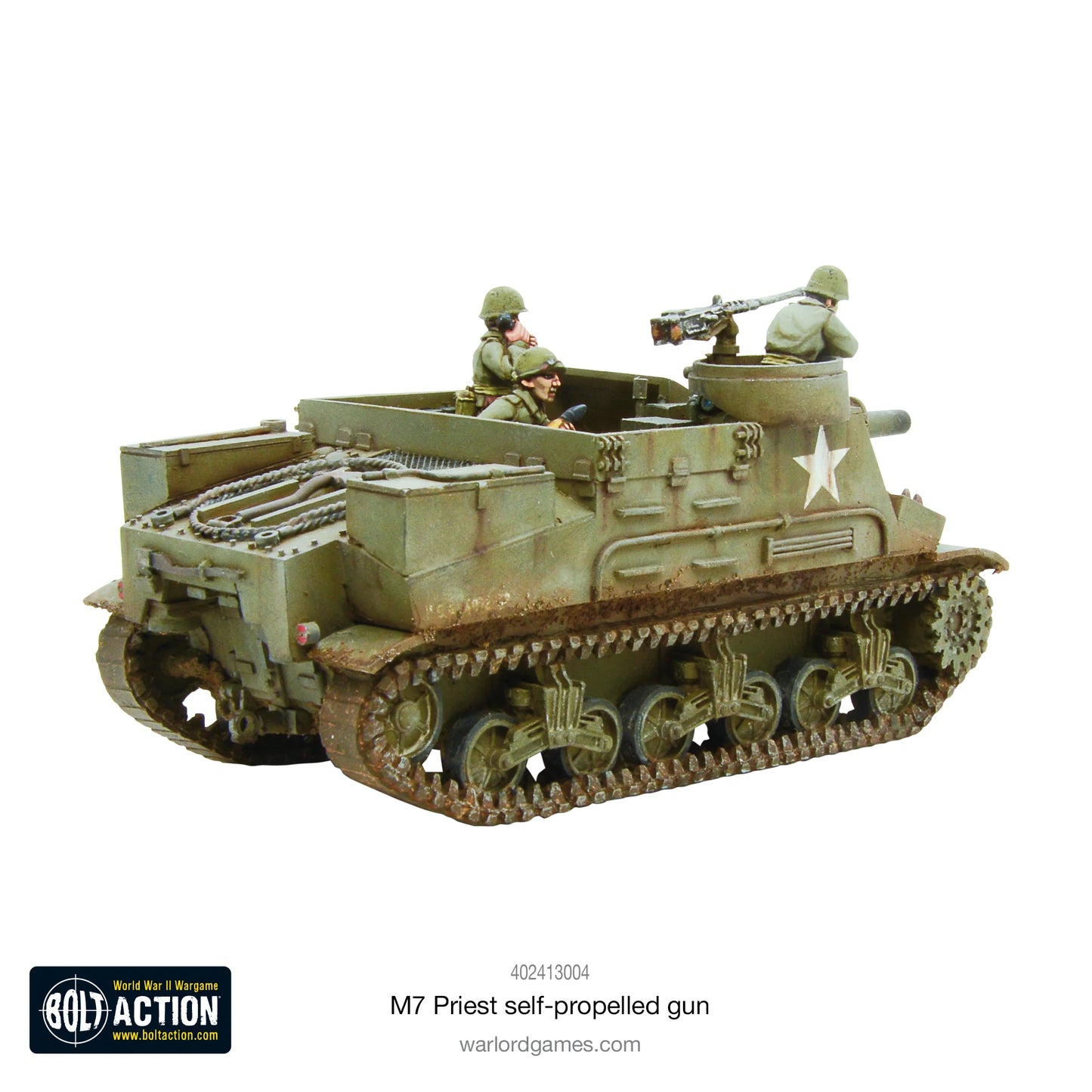M7 Priest SPG 1/56 - widok z przodu z haubicą 105mm, załoga w otwartej nadbudowie, gwiazda USA, podwozie Sherman
