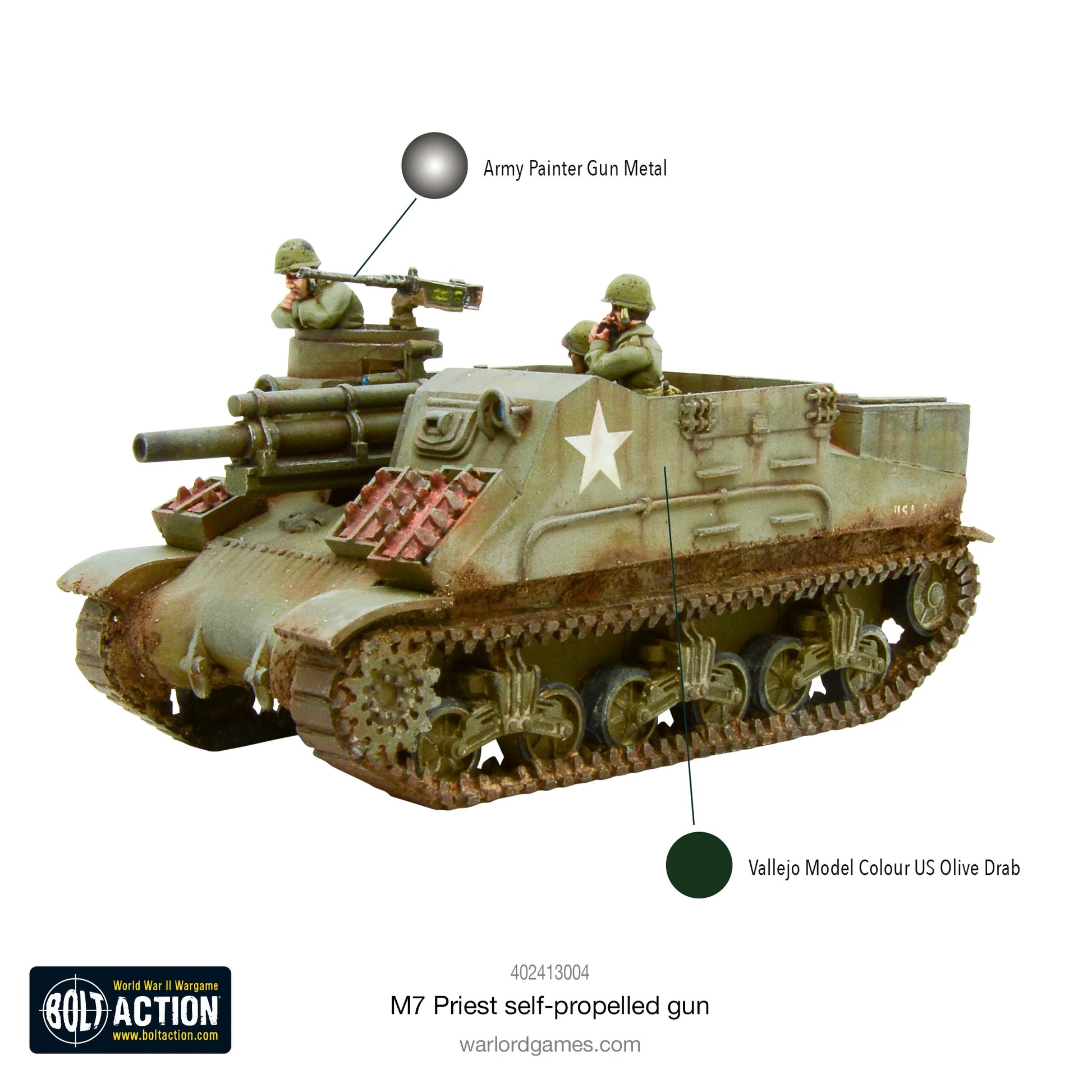 M7 Priest schemat malowania - Army Painter Gun Metal i Vallejo US Olive Drab, pomalowany model z gwiazdą USA, weathering

