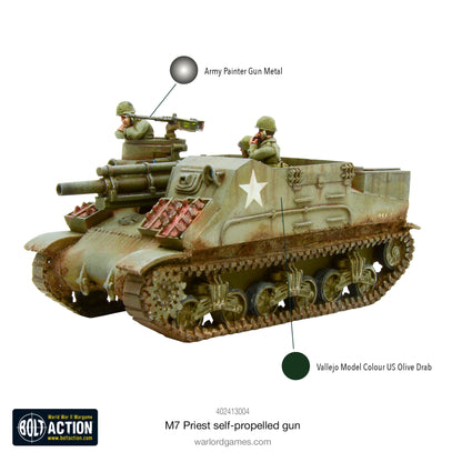 M7 Priest schemat malowania - Army Painter Gun Metal i Vallejo US Olive Drab, pomalowany model z gwiazdą USA, weathering

