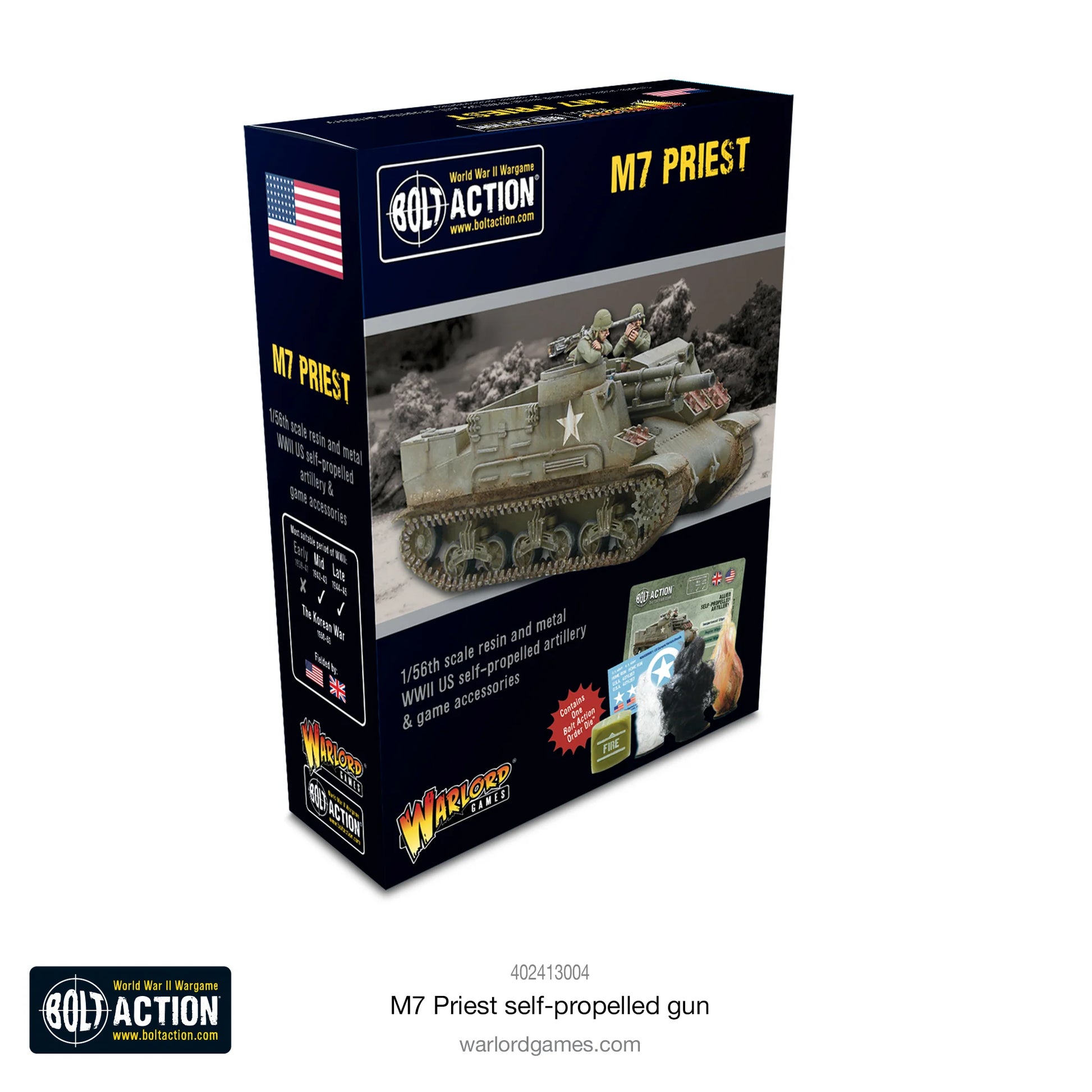 M7 Priest Self-Propelled Gun Bolt Action - opakowanie Warlord Games z samobieżną haubicą 105mm USA 1/56, żywica i metal