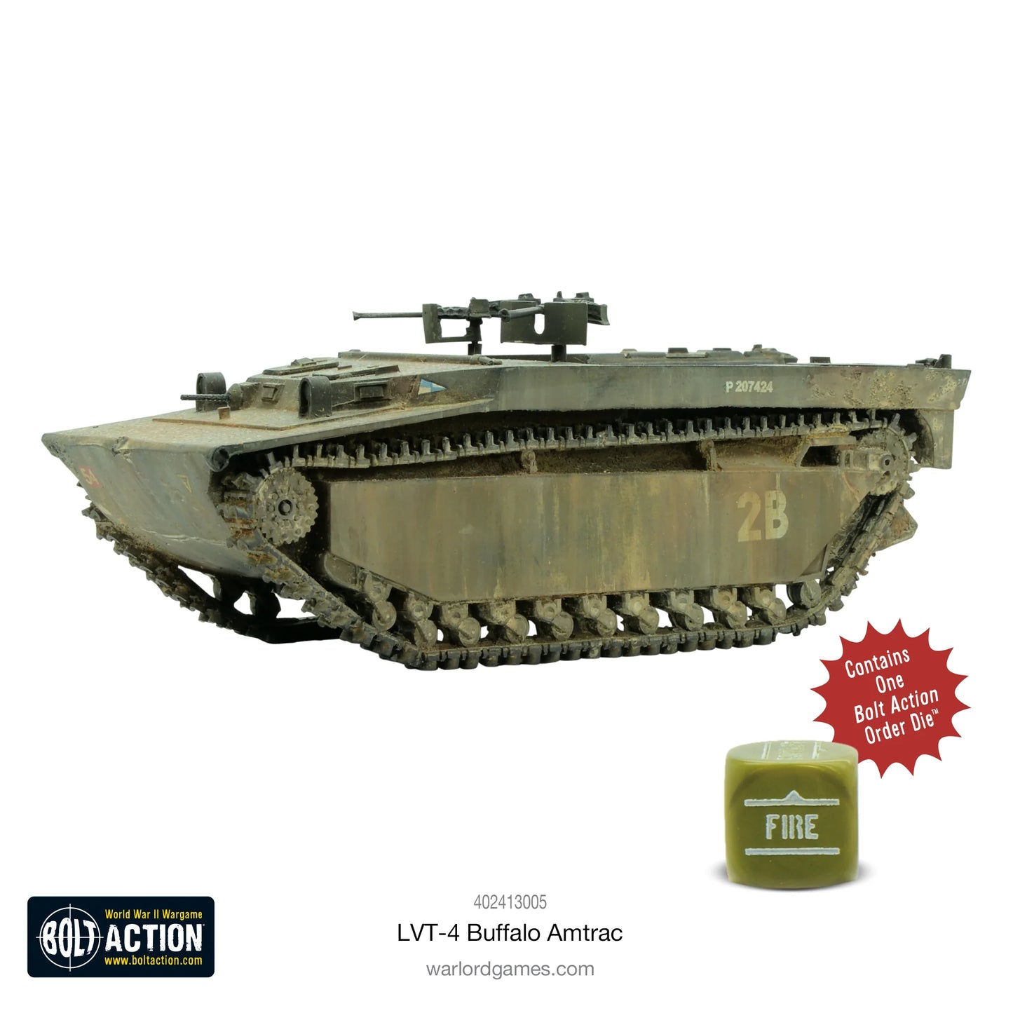LVT-4 Buffalo Amtrac 1/56 - pomalowany model z karabinem maszynowym, numer P 207424, gąsienice amfibijne, kość Fire, Bolt Action
