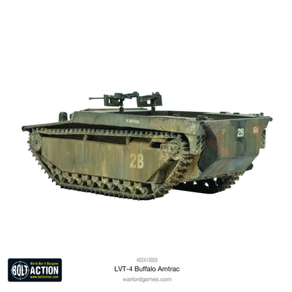 LVT-4 Buffalo Amtrac pojazd amfibijny - widok z przodu z karabinami maszynowymi, numery 2B i 54, kamuflaż, weathering, gąsienice
