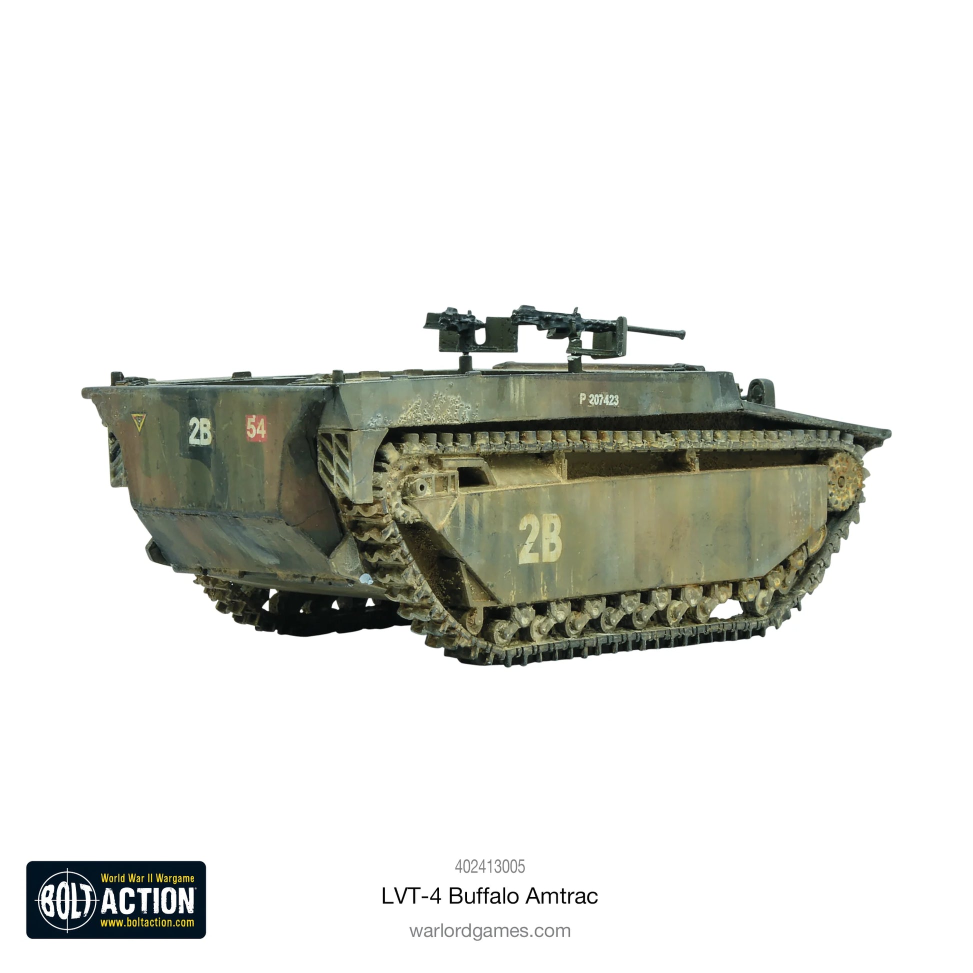 LVT-4 Buffalo Amtrac tylna rampa - widok z tyłu z otwartą rampą desantową, numery 2B i 54, karabiny maszynowe, Bolt Action 1/56
