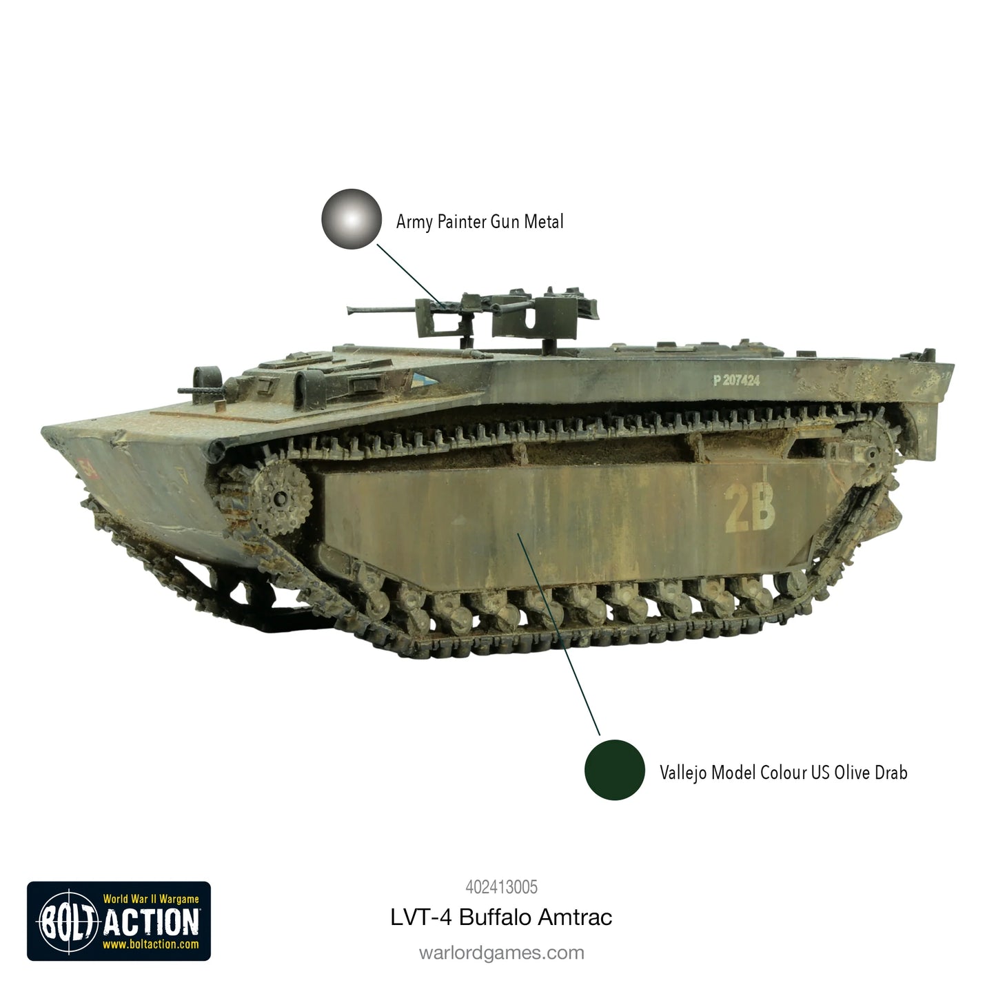 LVT-4 Buffalo Amtrac schemat malowania - Army Painter Gun Metal i Vallejo US Olive Drab, pomalowany model z numerem P 207424 i 2B
