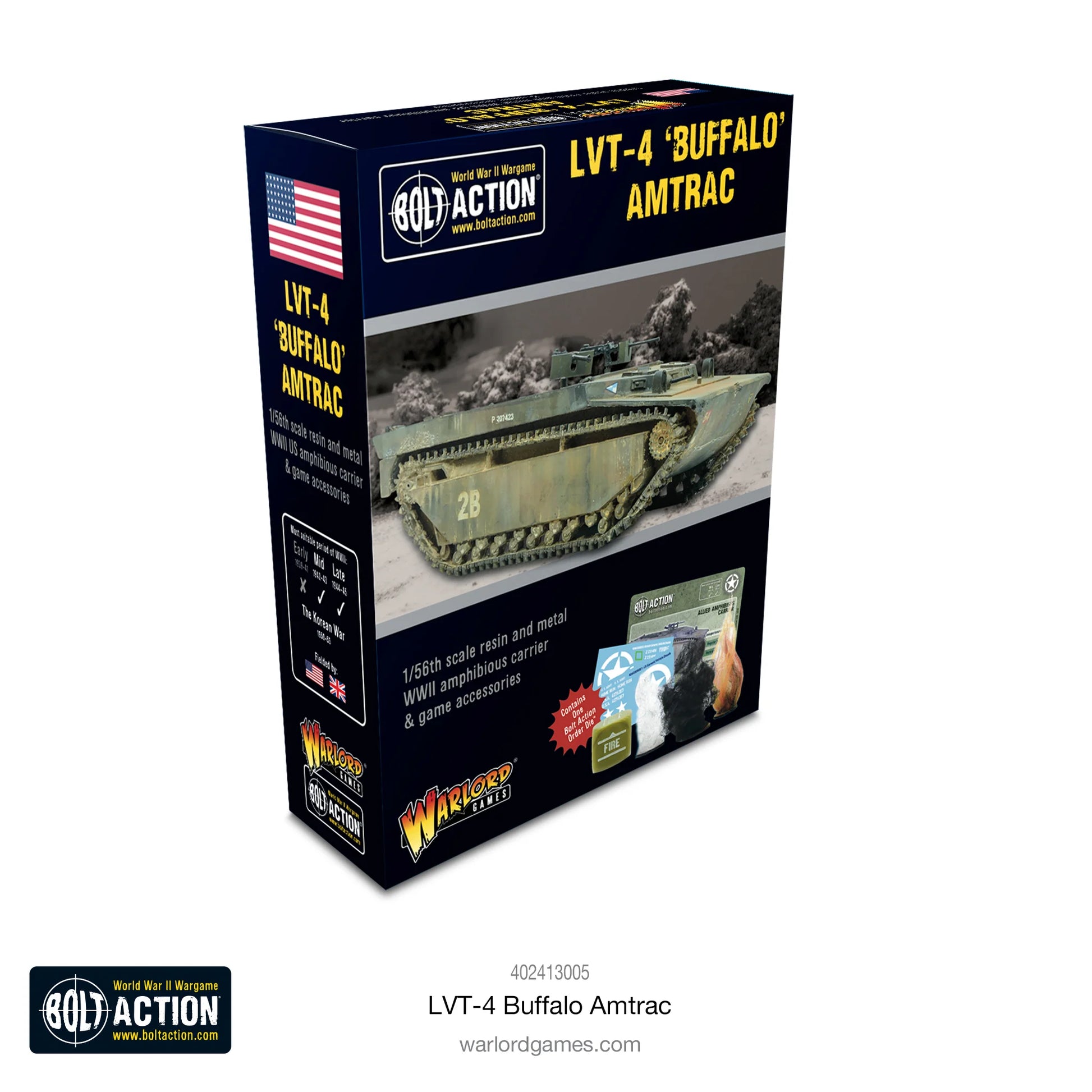LVT-4 Buffalo Amtrac Bolt Action - opakowanie Warlord Games z pojazdem desantowym amfibijnym USA 1/56, żywica i metal, kość Fire
