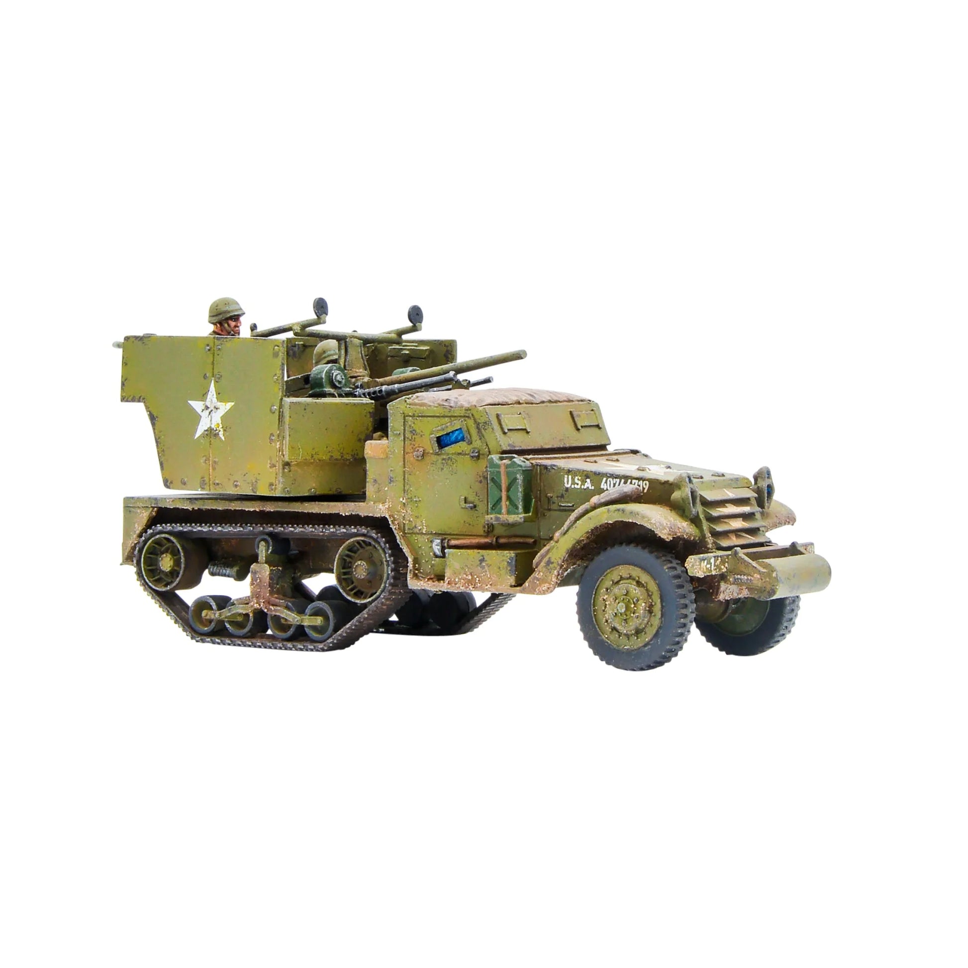 M15 MGMC 1/56 - pomalowany model z armatą 37mm i karabinami .50 cal, załoga USA, gwiazda USA, M3 half-track, weathering
