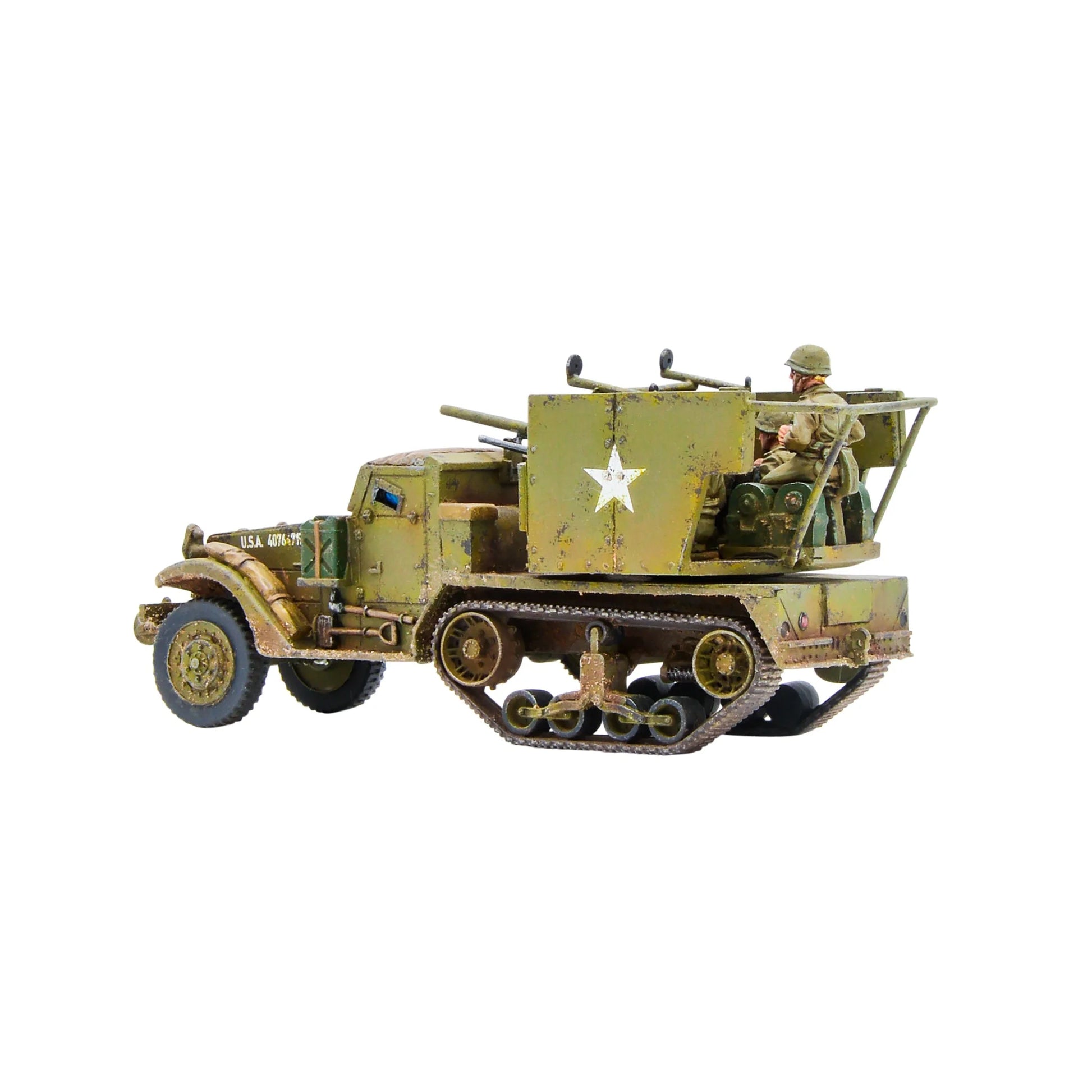M15 MGMC M3 half-track - widok z lewej strony z numerem USA 40763-T3, załoga, armata 37mm, karabiny .50 cal, gwiazda USA
