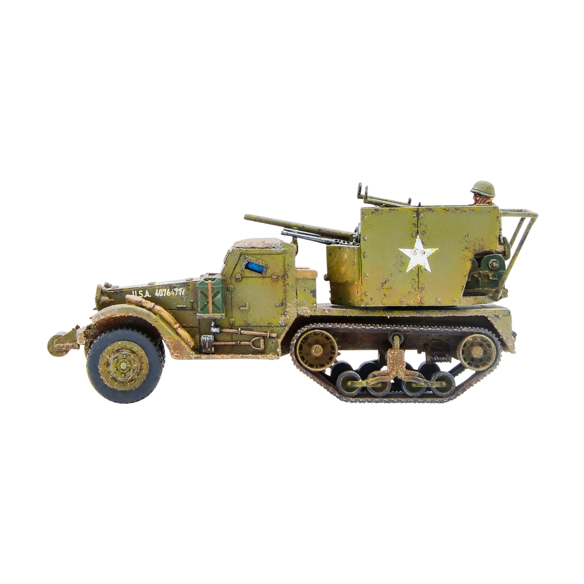M15 Multiple Gun Motor Carriage 1/56 - widok z prawej strony z numerem 40763-T3, załoga USA, detale gąsienic i kół, Bolt Action
