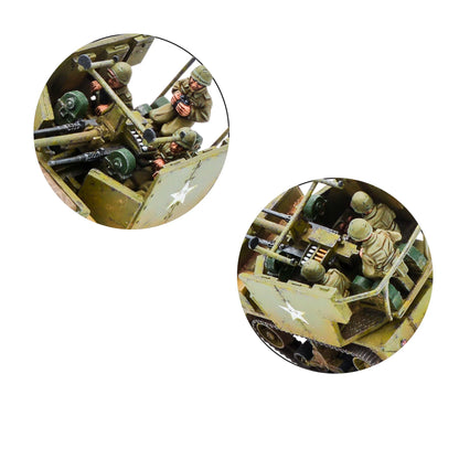 M15 MGMC detale załogi - zbliżenie na żołnierzy USA przy armatie 37mm i karabinach .50 cal, wnętrze platformy bojowej, amunicja

