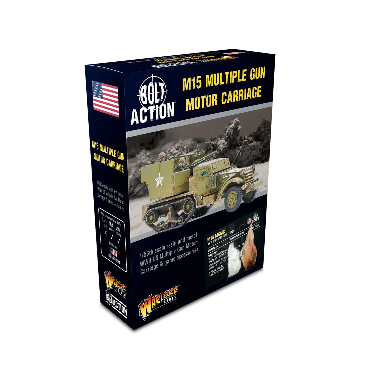 M15 Multiple Gun Motor Carriage Bolt Action - opakowanie Warlord Games z transporterem przeciwlotniczym USA 1/56, żywica i metal
