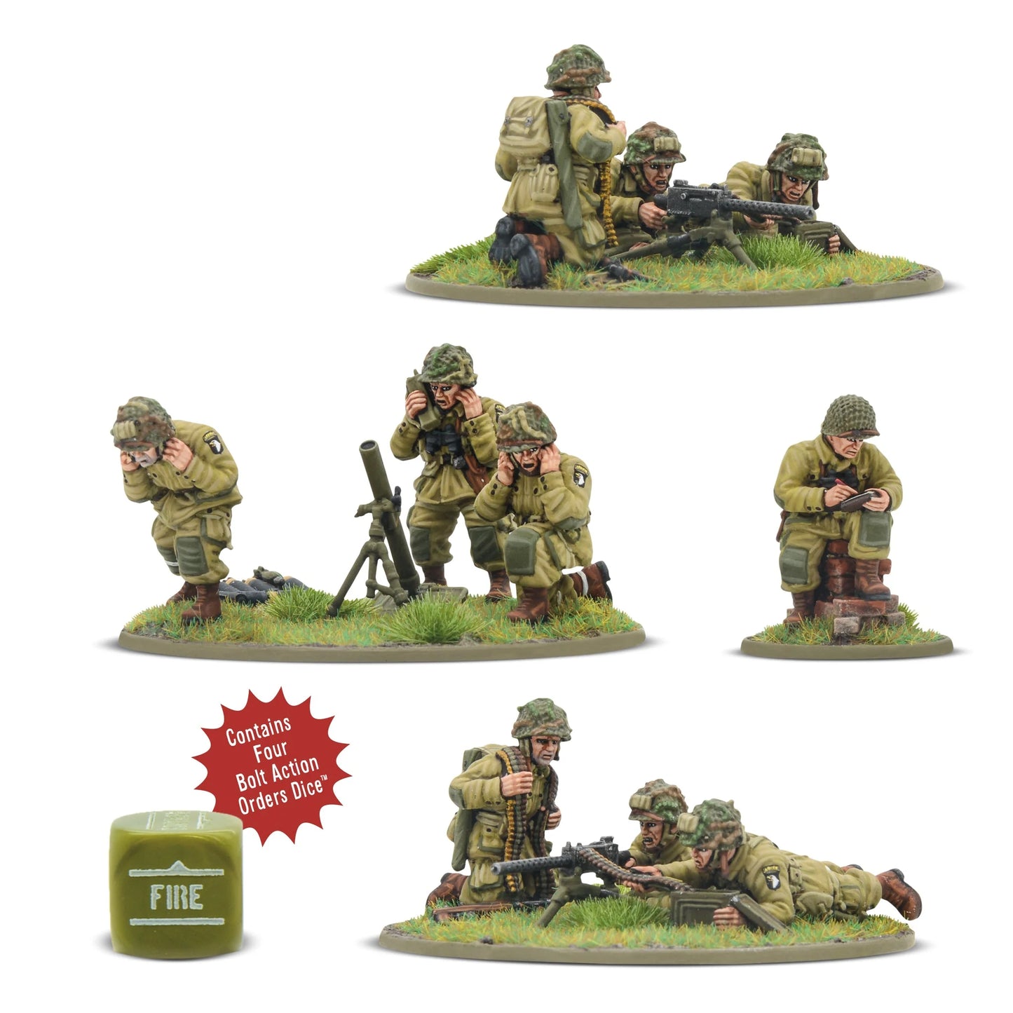 US Airborne (D-Day) Heavy Weapons Platoon – zespół MMG leżący z karabinem maszynowym, zespół moździerza średniego i oficer dowódca w mundurach M42 – widok z przodu, figurki 28mm Bolt Action Warlord Games
