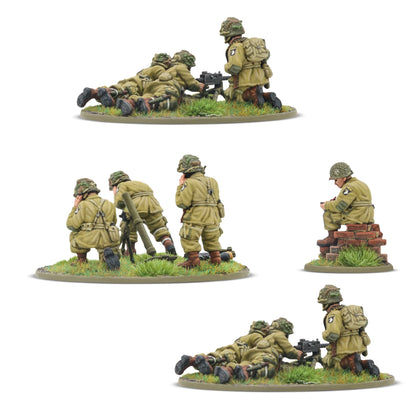 US Airborne (D-Day) Heavy Weapons Platoon – zespół MMG, zespół moździerza i oficer – widok z tyłu, detale mundurów M42, ekwipunku i odznak 101. Dywizji Powietrznodesantowej, figurki 28mm Bolt Action
