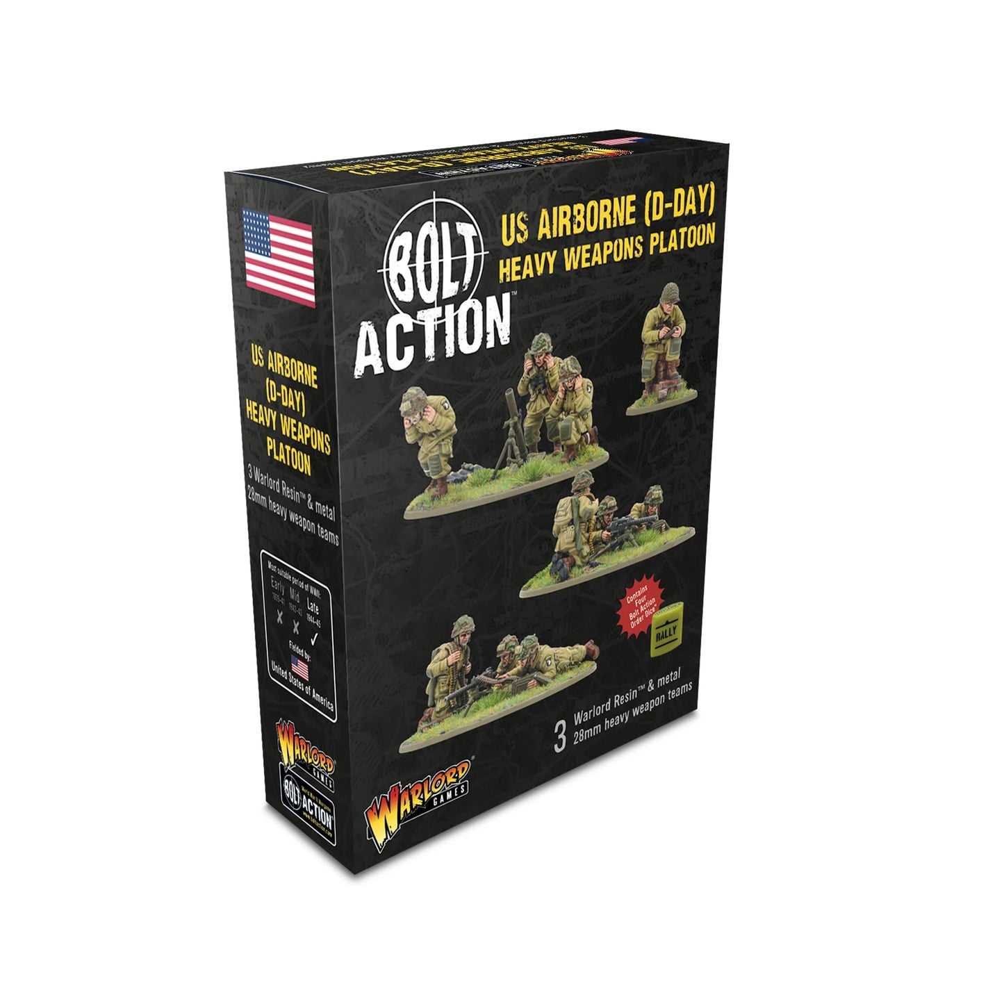 Pudełko US Airborne (D-Day) Heavy Weapons Platoon – Bolt Action Warlord Games: 3 zespoły broni ciężkich 28mm Warlord Resin i metal, 4 kości rozkazu
