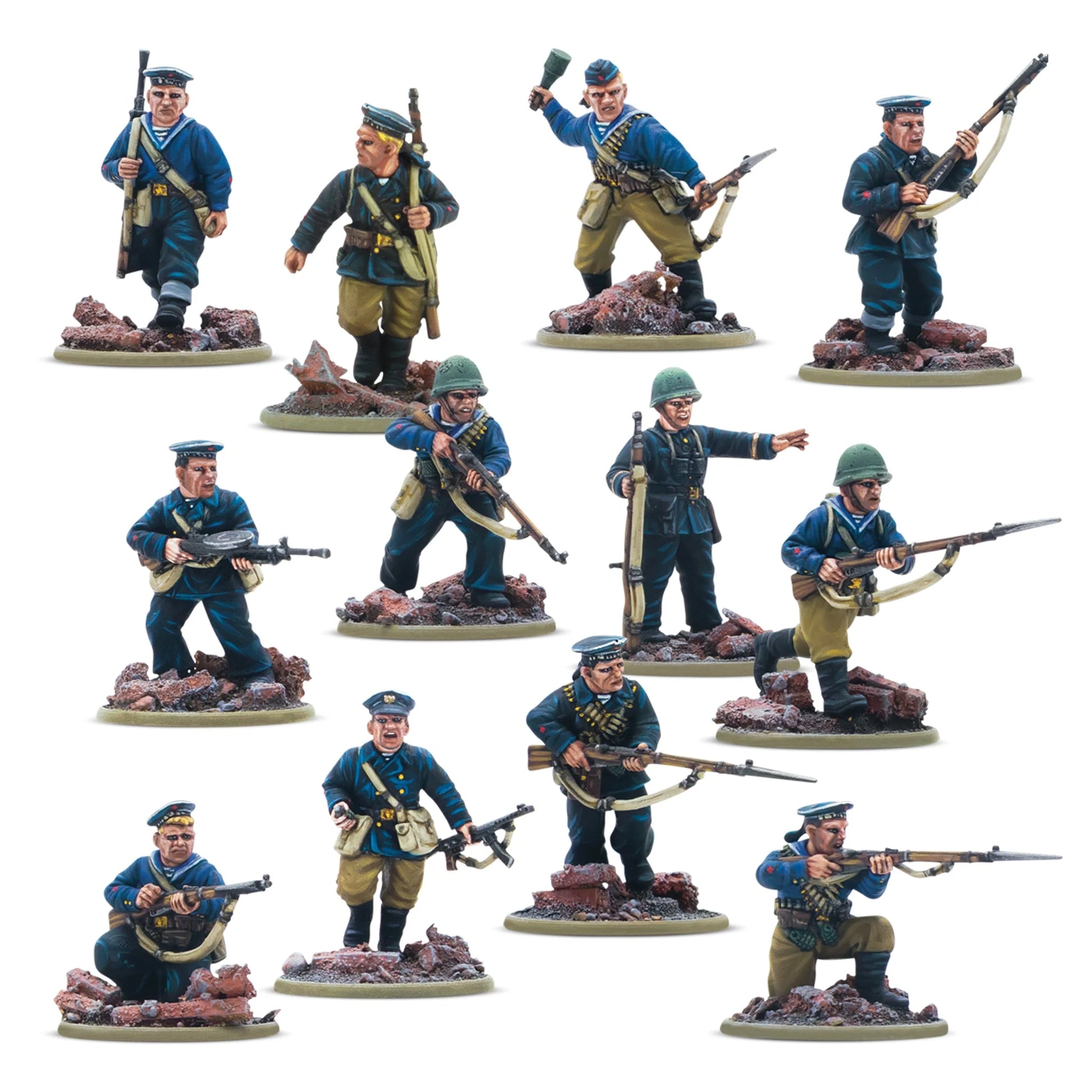 Warlord Games Soviet Naval Brigade Squad (2026) – 12 figurek żywicznych 28mm widok z przodu: żołnierze w granatowych mundurach marynarskich z czapkami i telniaszkami, uzbrojeni w karabiny Mosin-Nagant, DP-28 LMG i PPSh-41, różne pozy bojowe, Bolt Action