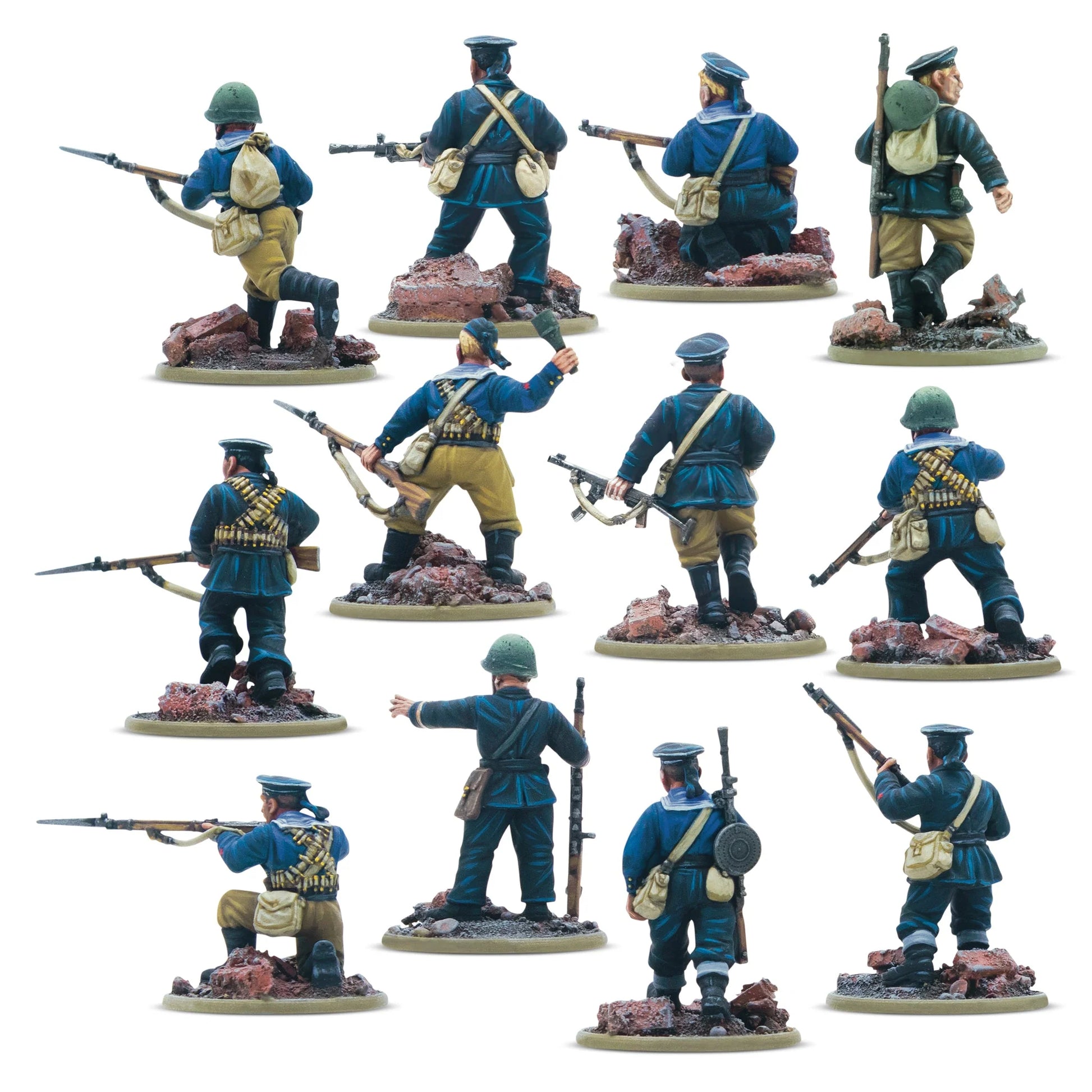 Warlord Games Soviet Naval Brigade Squad (2026) – 12 figurek żywicznych 28mm widok od tyłu: detale mundurów marynarskich, pasy amunicyjne, plecaki i tornistry, granatowe kurtki i spodnie khaki, Bolt Action