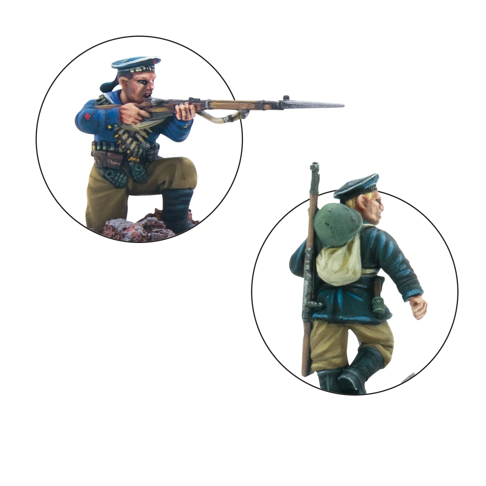 Warlord Games Soviet Naval Brigade Squad (2026) – zbliżenie detali 28mm: żołnierz klęczący w czapce marynarskiej celujący z karabinu Mosin-Nagant z bagnetem (góra), żołnierz idący w czapce marynarskiej z karabinem Mosin-Nagant na ramieniu (dół), detale twarzy i wyposażenia Bolt Action