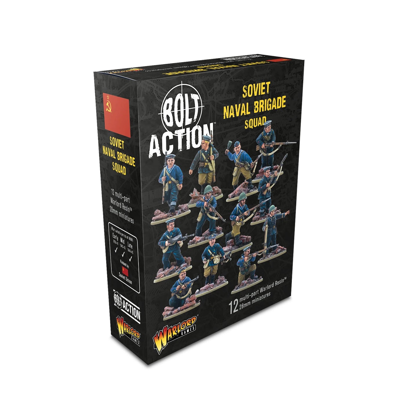 Warlord Games Soviet Naval Brigade Squad (2026) – pudełko Bolt Action Soviet Naval Brigade Squad: 12 multi-part Warlord Resin 28mm miniatures, flaga ZSRR, logo Bolt Action i Warlord Games, okres Early/Mid/Late, Soviet Union