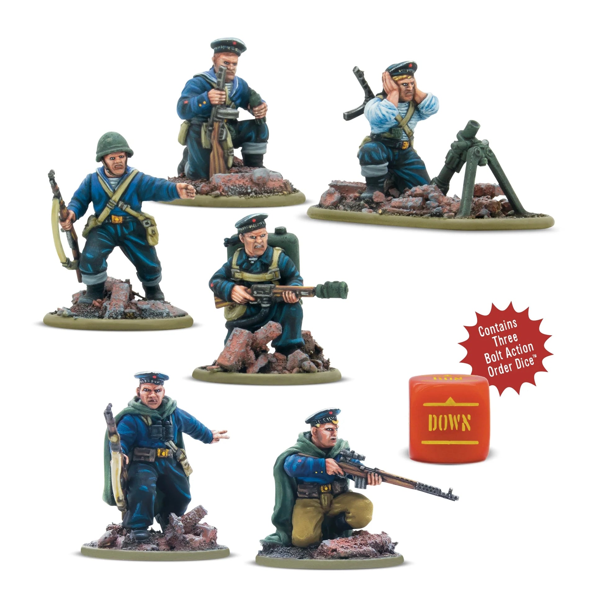 Warlord Games Soviet Naval Brigade Weapon Teams – 6 figurek: snajper, miotacz ognia, moździez lekki, oficer i PPSh, widók z przodu 28mm Bolt Action