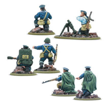Warlord Games Soviet Naval Brigade Weapon Teams – 6 figurek brygady morskiej, widok z tyłu: miotacz ognia, moździez, snajper i oficer 28mm Bolt Action