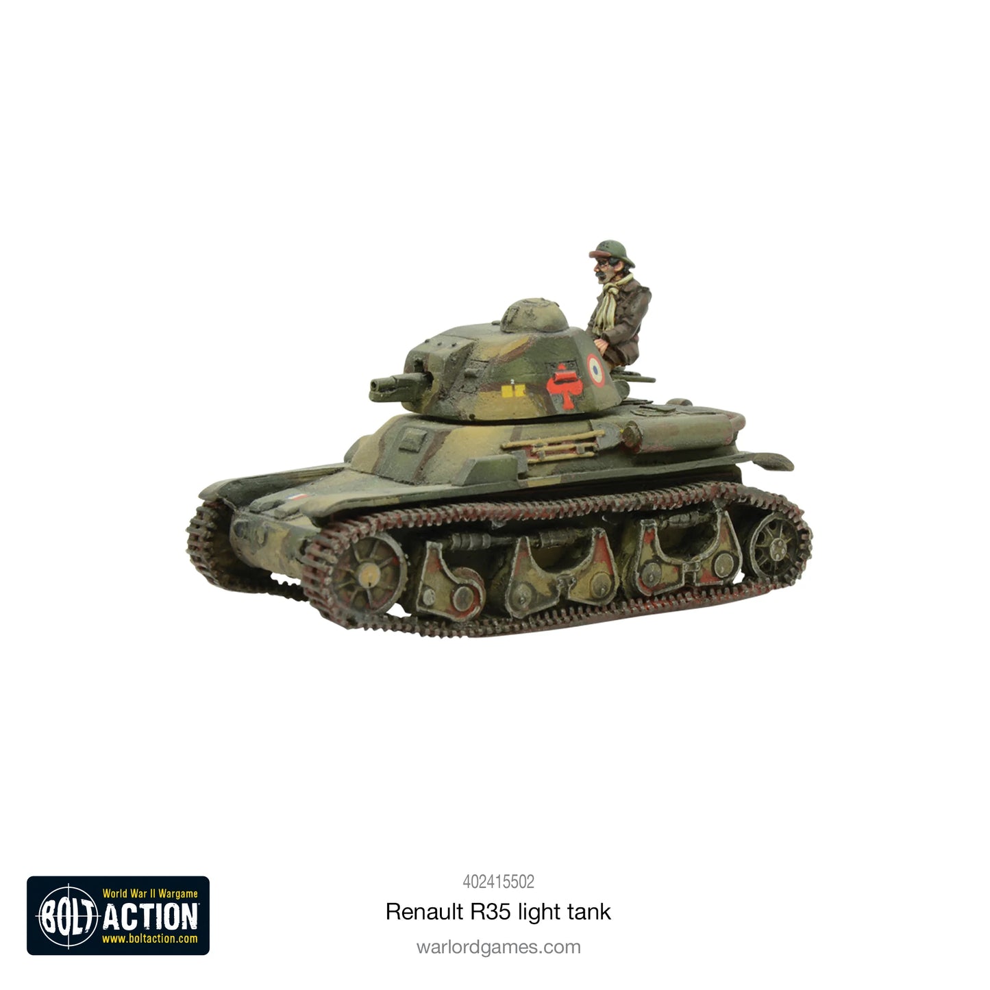 Renault R35 - Bolt Action 28mm - francuski czołg lekki pomalowany z dowódcą widok z przodu - Warlord Games