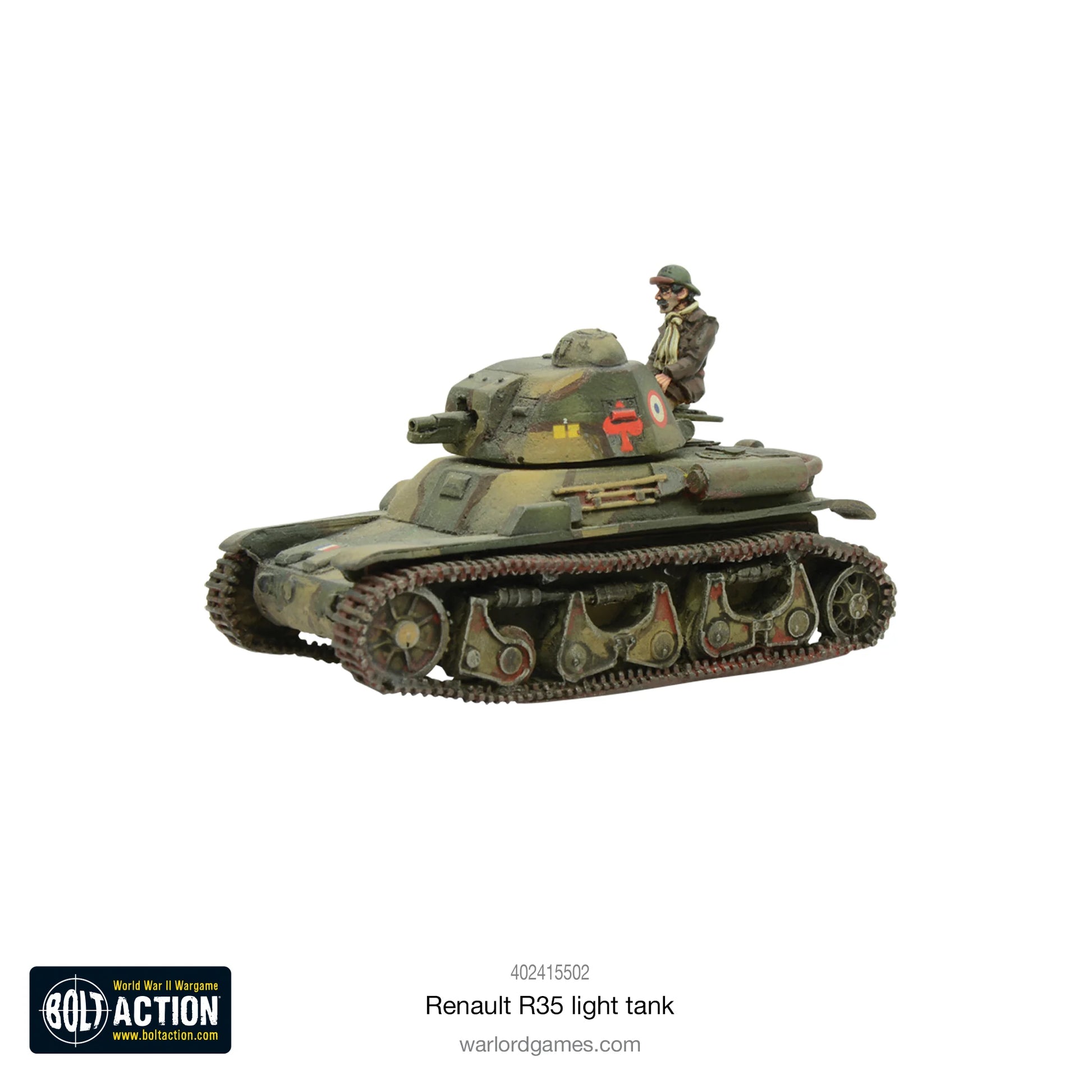 Renault R35 - Bolt Action 28mm - francuski czołg lekki pomalowany z dowódcą widok z przodu - Warlord Games