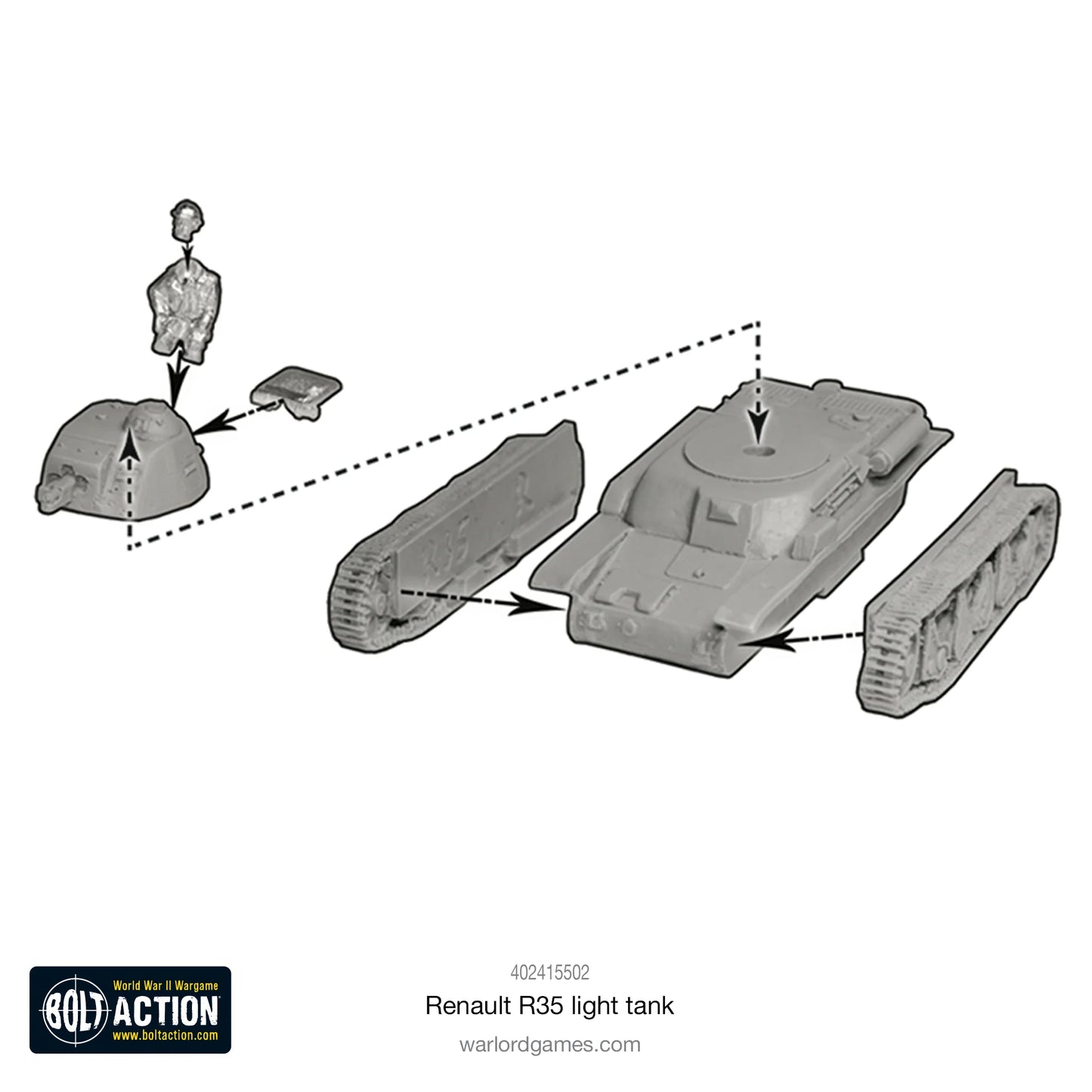 Renault R35 - Bolt Action 28mm - schemat montażu części żywicznych i metalowych - instrukcja składania - Warlord Games
