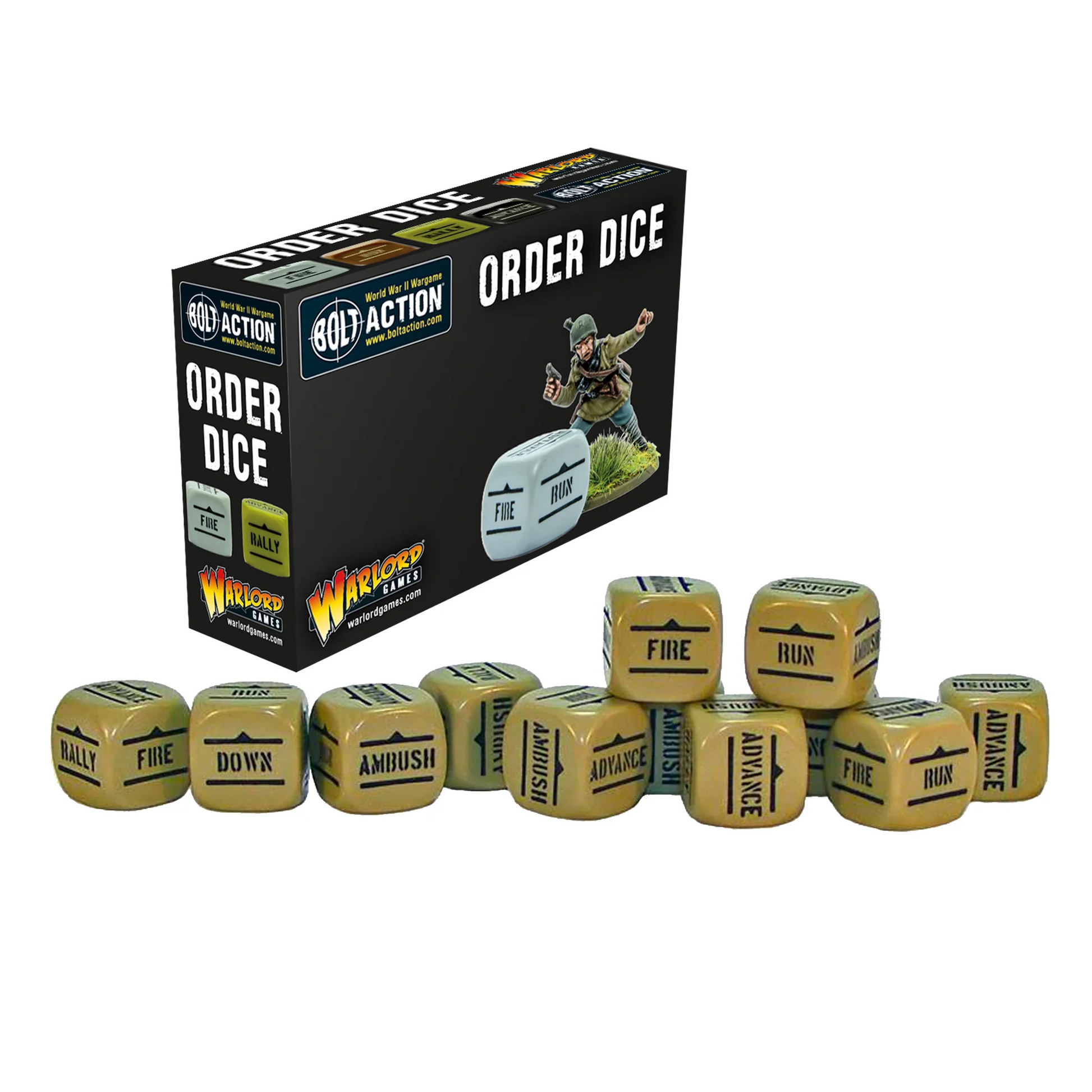 Order Dice Pack Sand - Bolt Action - 12 piaskowych kostek rozkazów z symbolami Fire, Advance, Rally, Ambush, Down, Run - Warlord Games
