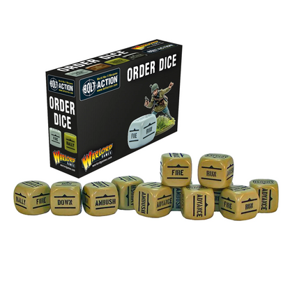 Order Dice Pack Sand - Bolt Action - 12 piaskowych kostek rozkazów z symbolami Fire, Advance, Rally, Ambush, Down, Run - Warlord Games