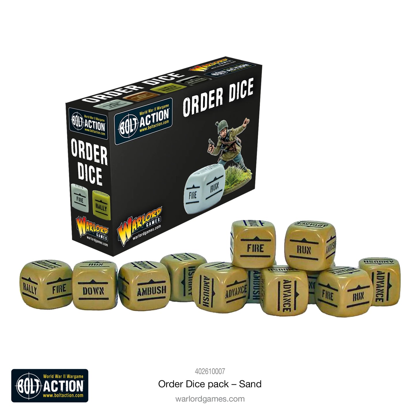 Order Dice Sand - Bolt Action - zestaw 12 kostek do gry z wyraźnymi symbolami rozkazów - akcesoria Warlord Games