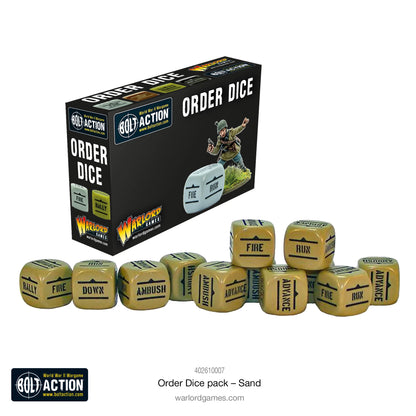 Order Dice Sand - Bolt Action - zestaw 12 kostek do gry z wyraźnymi symbolami rozkazów - akcesoria Warlord Games