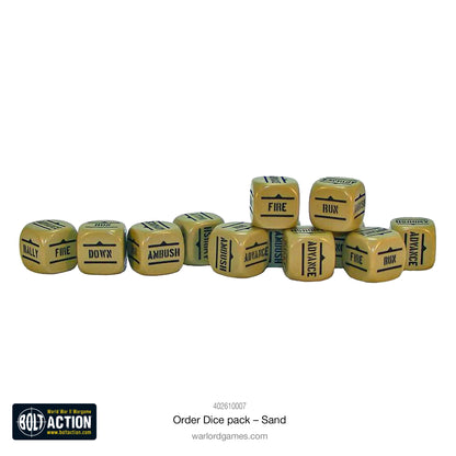 Kości Order Dice piaskowe - Bolt Action 28mm - wszystkie symbole rozkazów widoczne - oficjalny produkt Warlord Games