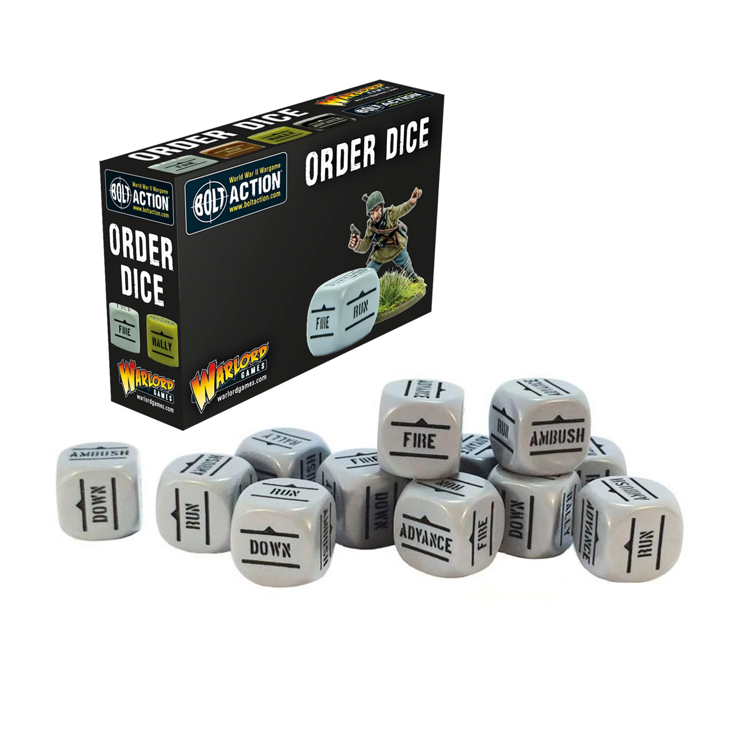 Order Dice Pack Grey - Bolt Action - 12 szarych kostek rozkazów z symbolami Fire, Advance, Rally, Ambush, Down, Run - Warlord Games
