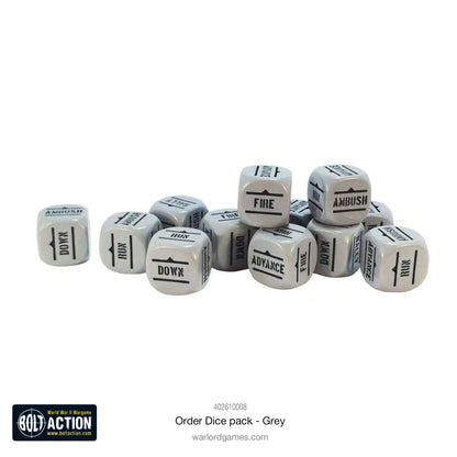 Kości Order Dice szare - Bolt Action 28mm - wszystkie symbole rozkazów widoczne - oficjalny produkt Warlord Games