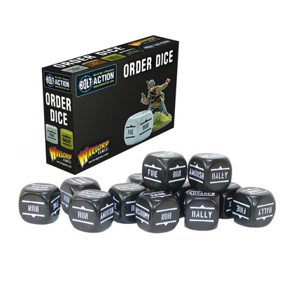 Order Dice Pack Black - Bolt Action - 12 czarnych kostek rozkazów z symbolami Fire, Advance, Rally, Ambush, Down, Run - Warlord Games