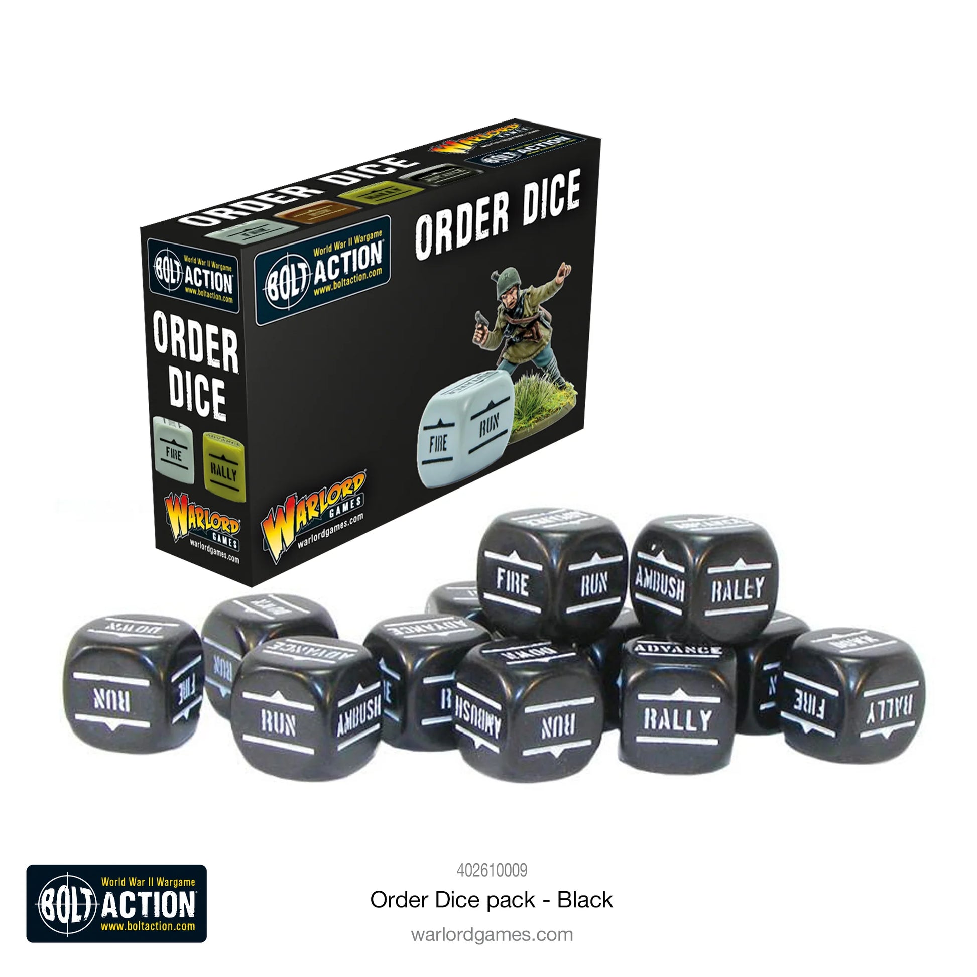 Order Dice Black - Bolt Action - zestaw 12 kostek do gry z wyraźnymi symbolami rozkazów - elegancki czarny kolor - Warlord Games