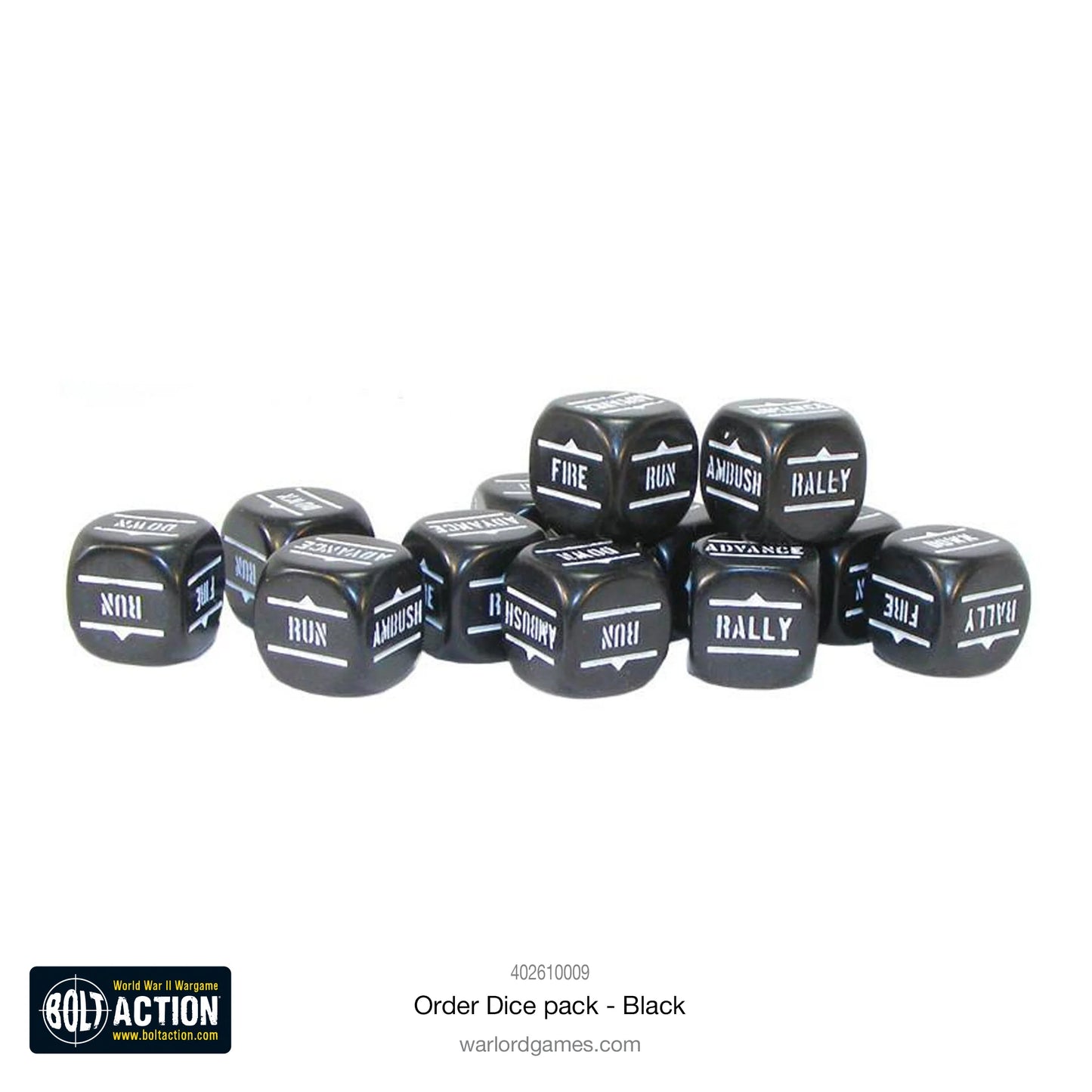 Kości Order Dice czarne - Bolt Action 28mm - wszystkie symbole rozkazów widoczne - oficjalny produkt Warlord Games