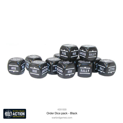 Kości Order Dice czarne - Bolt Action 28mm - wszystkie symbole rozkazów widoczne - oficjalny produkt Warlord Games